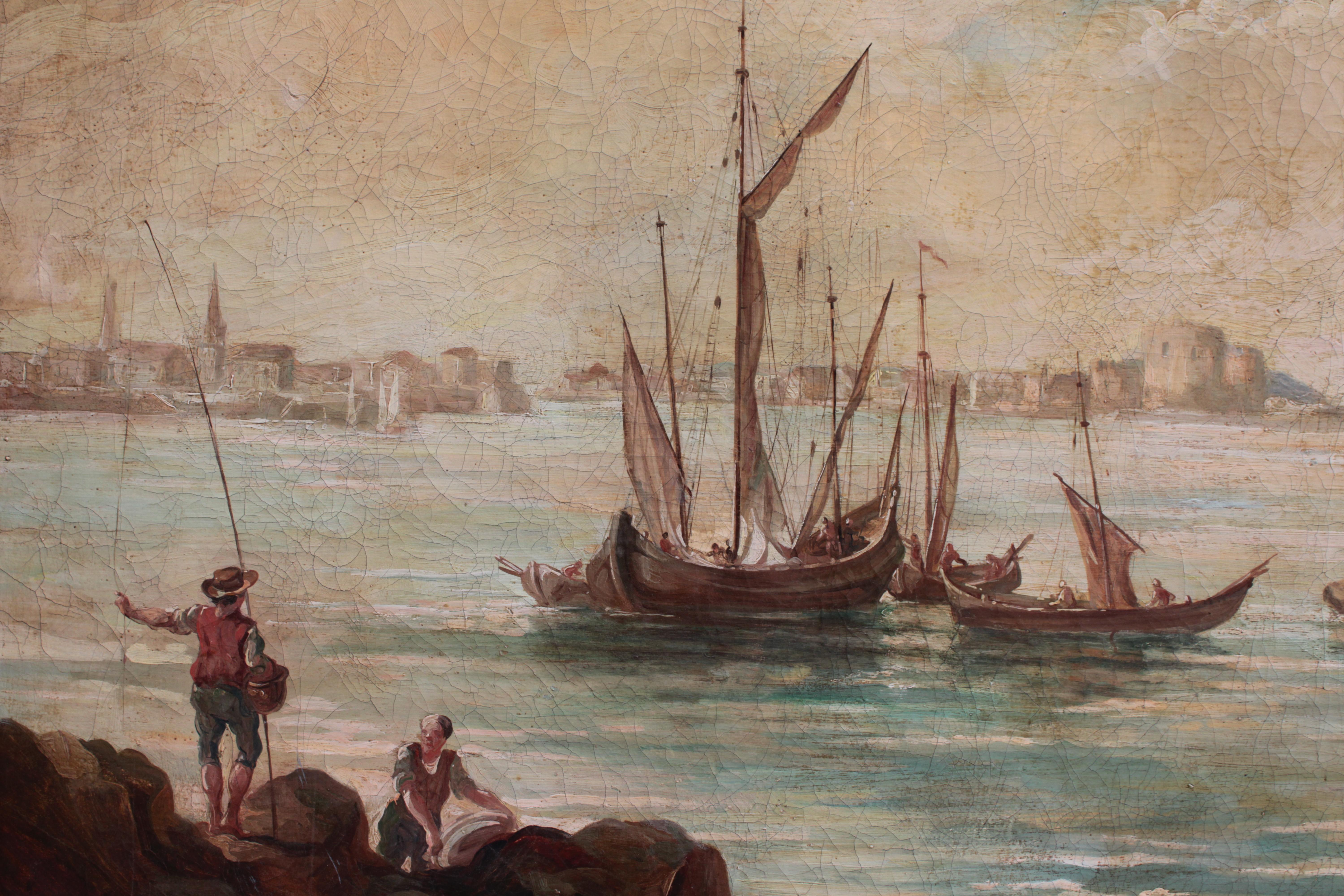 Huile sur toile française du 18ème siècle représentant un port avec des bateaux en vente 1