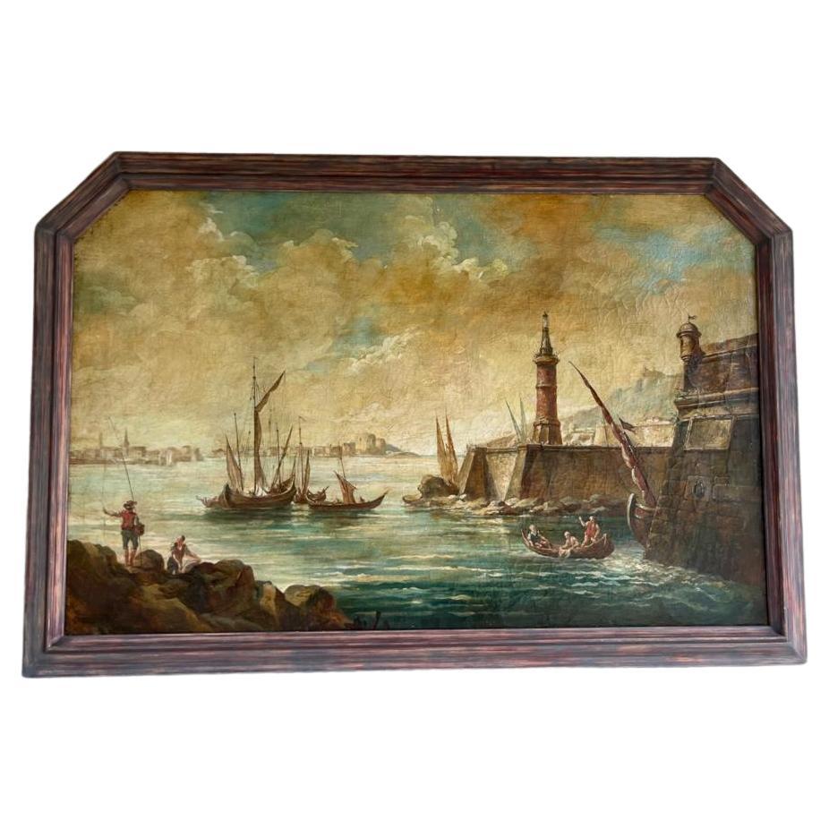 Olio su tela francese del XVIII secolo raffigurante un porto con imbarcazioni
