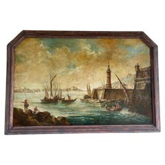 French 18th Century Oil on Canvas Representing a Harbor with Boats