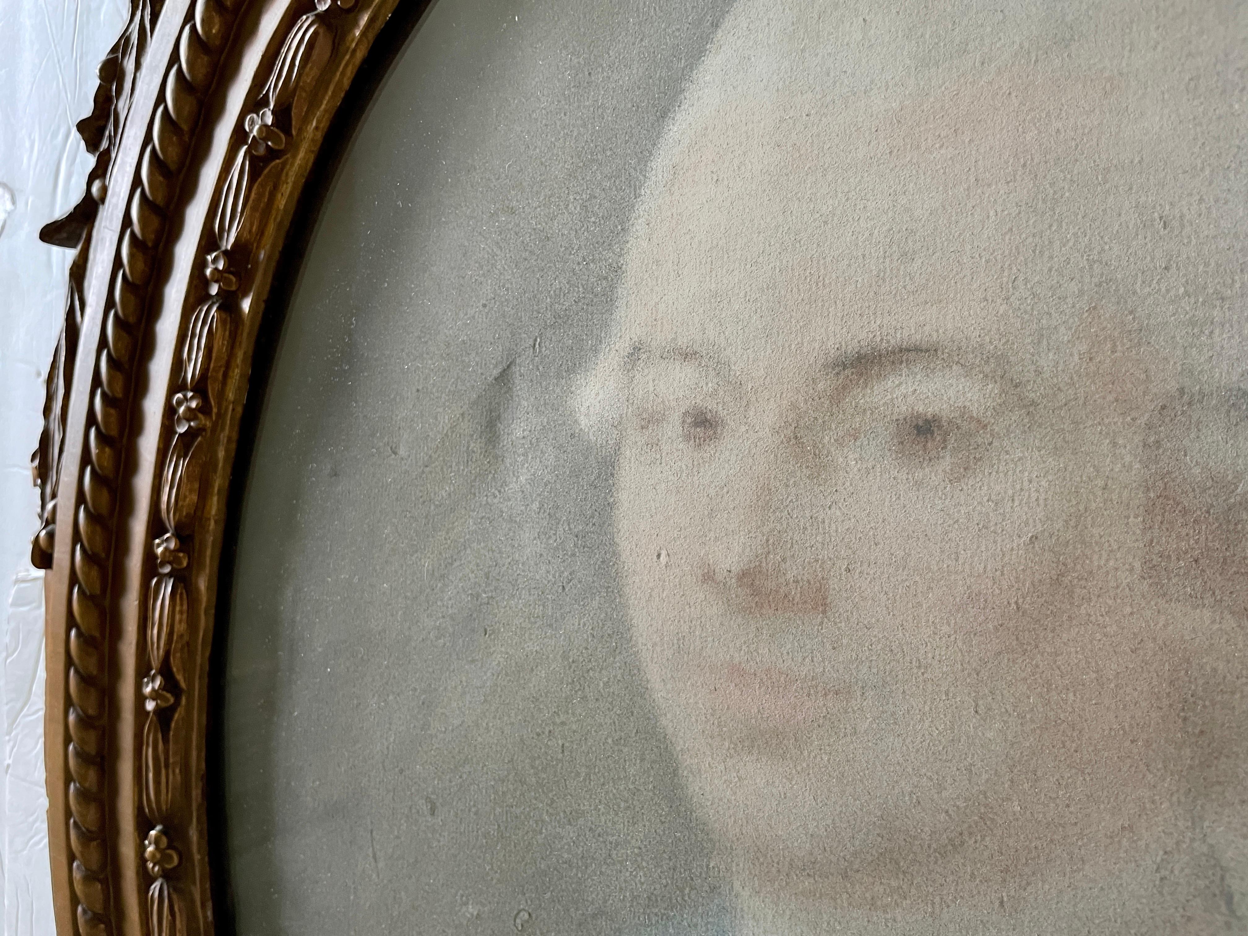 Glass French 18th Century Oval Pastel Portrait of a Man in Original Frame