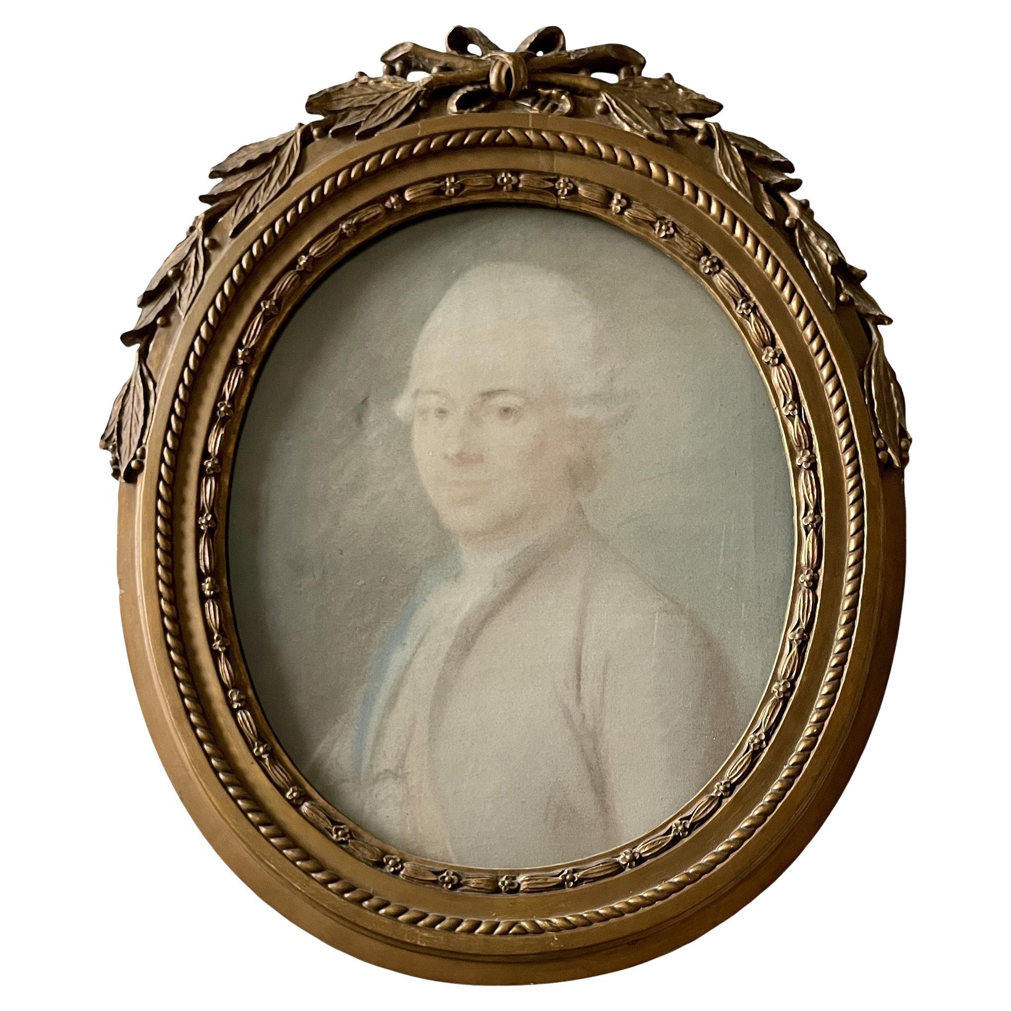 Portrait d'un homme au pastel ovale dans son cadre d'origine du 18ème siècle français
