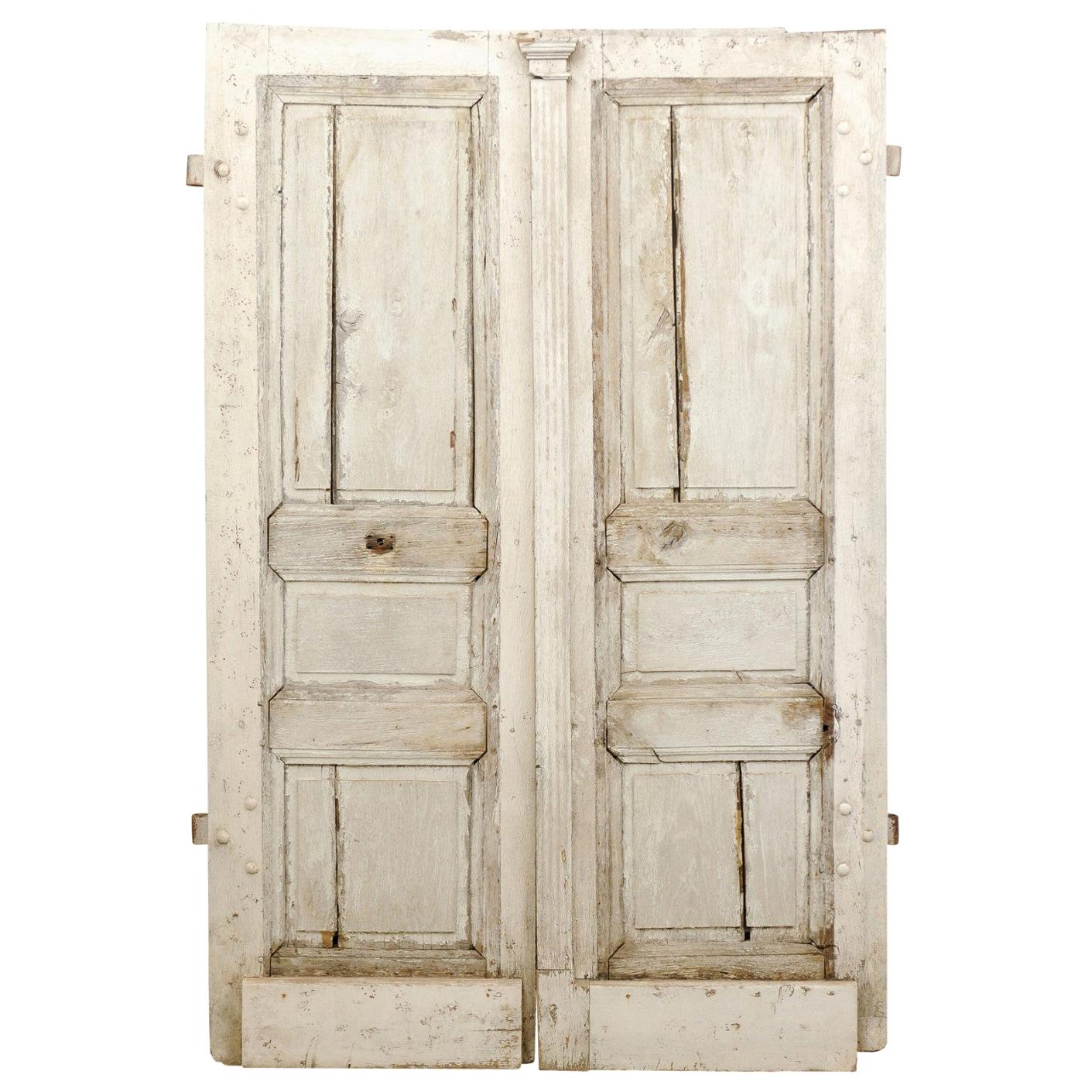 French 18th Century Painted Oak Double Doors with Doric Pilaster and Patina