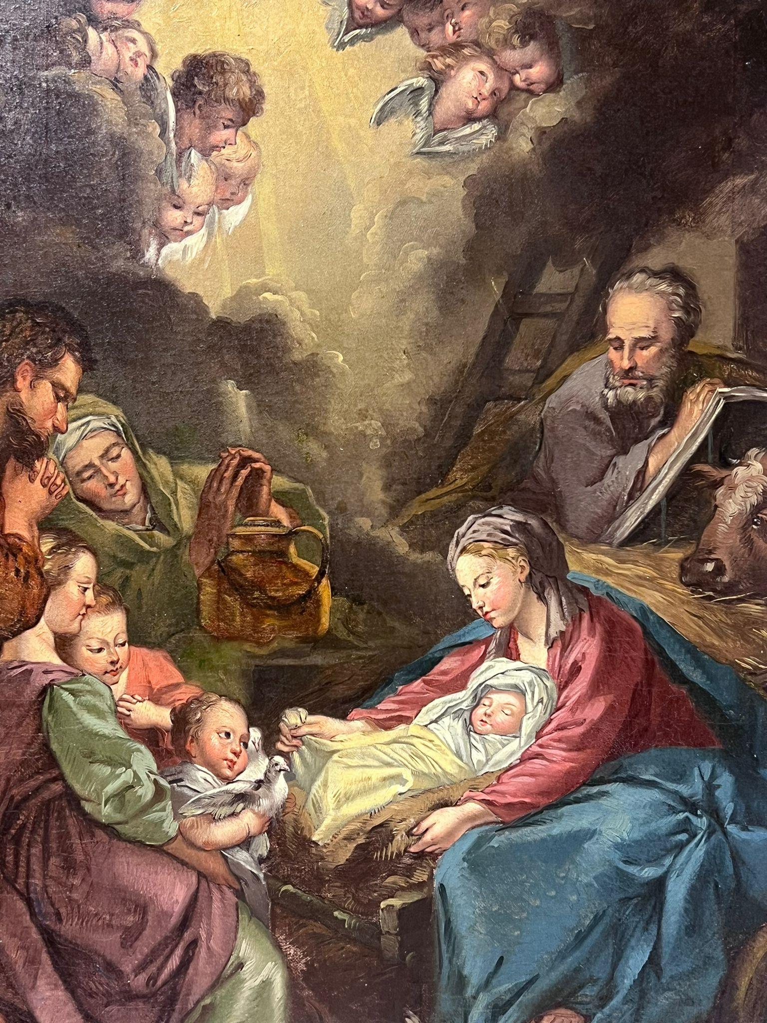 Belle peinture à l'huile rococo française des années 1700 représentant la scène de la nativité de Bethlehem en vente 3