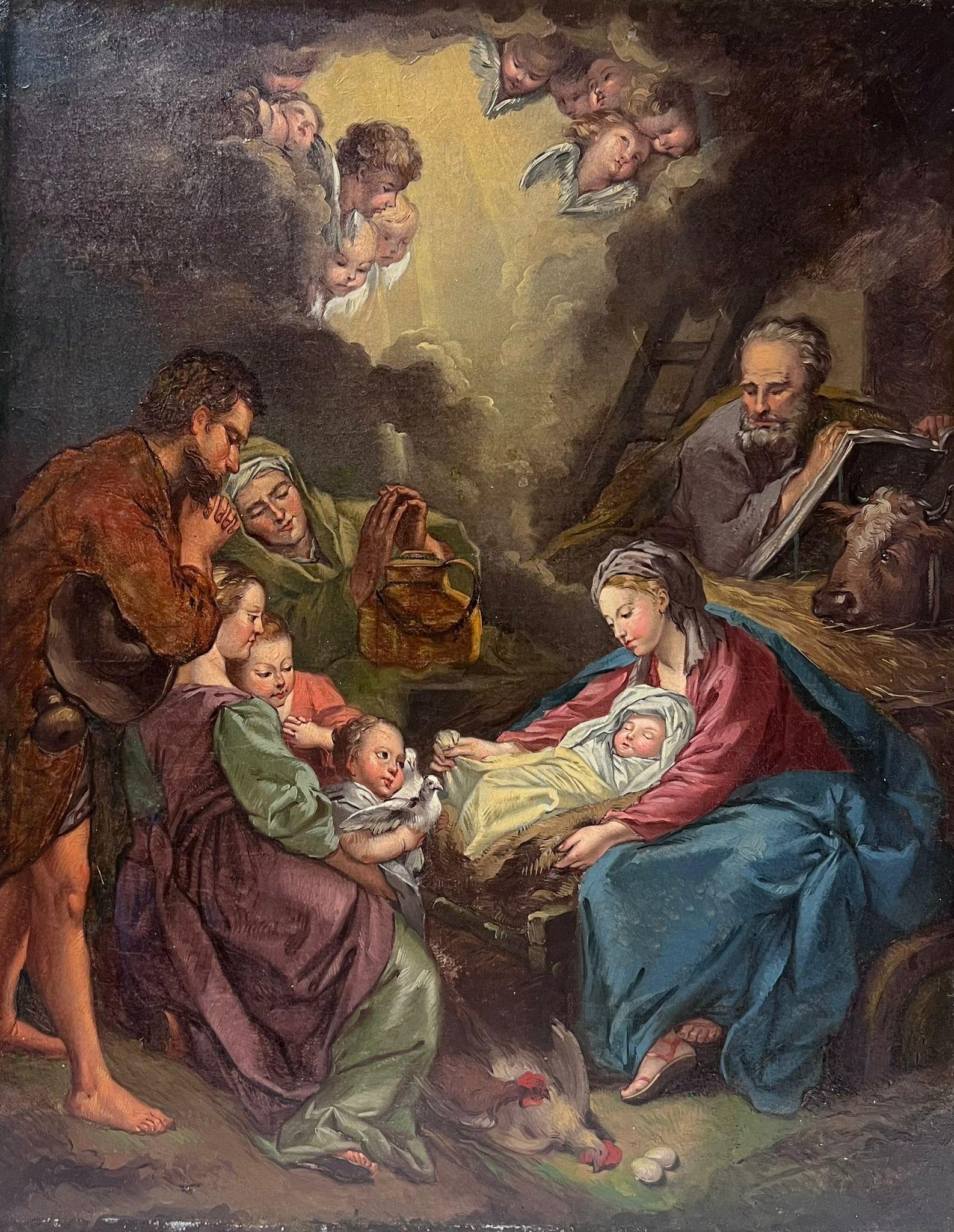 Figurative Painting French 18th Century - Belle peinture à l'huile rococo française des années 1700 représentant la scène de la nativité de Bethlehem