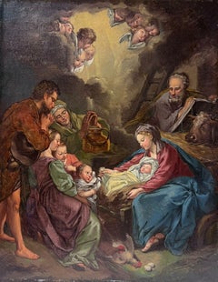 Belle peinture à l'huile rococo française des années 1700 représentant la scène de la nativité de Bethlehem