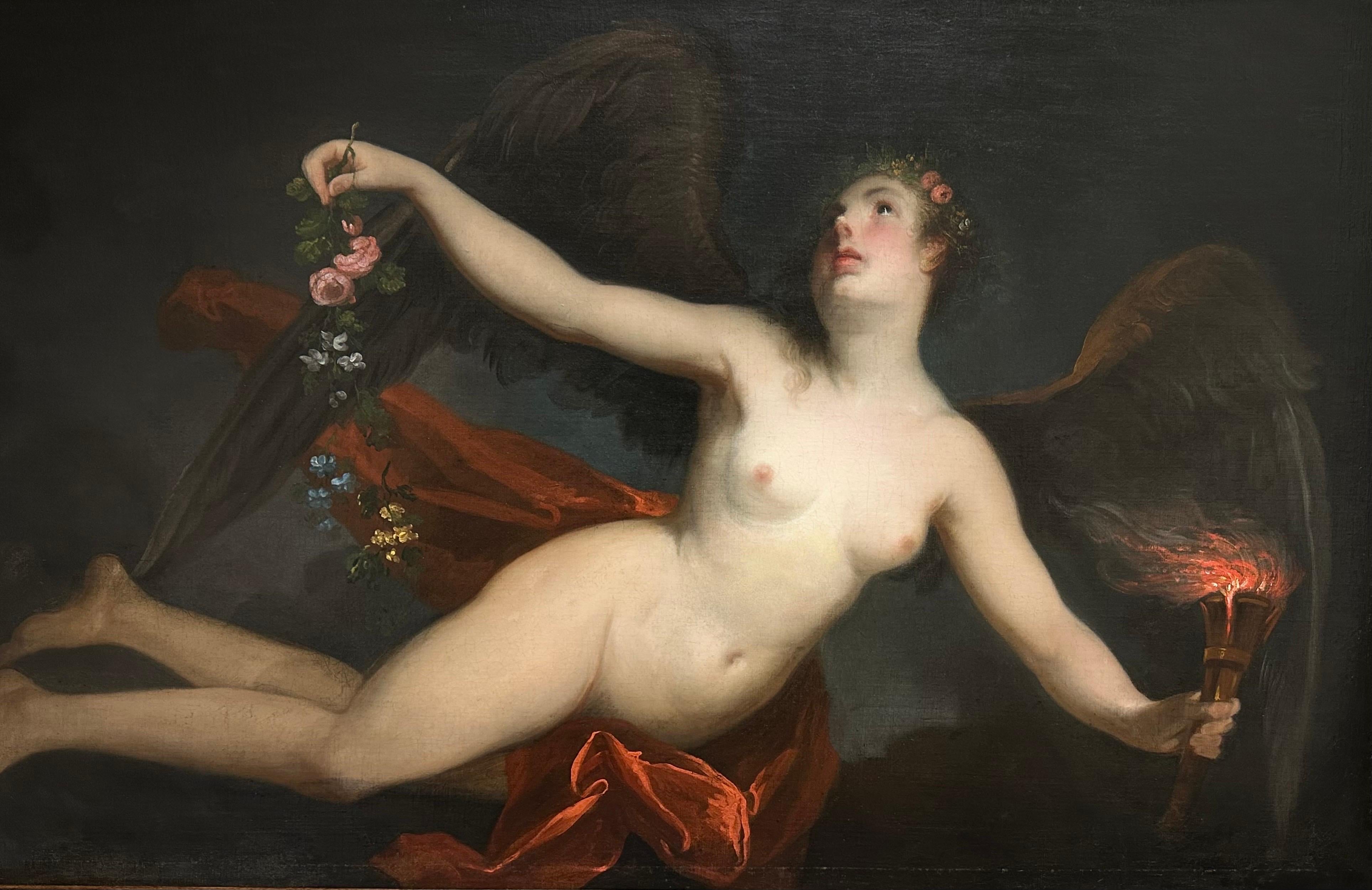 The Allegorical Winged Nude Lady, adorned with the attributes of Spring
French School, 18th century (Rococo period)
oil painting on canvas, unframed
canvas: 30 x 52 inches
provenance: private collection, Champagne region of France
condition: very
