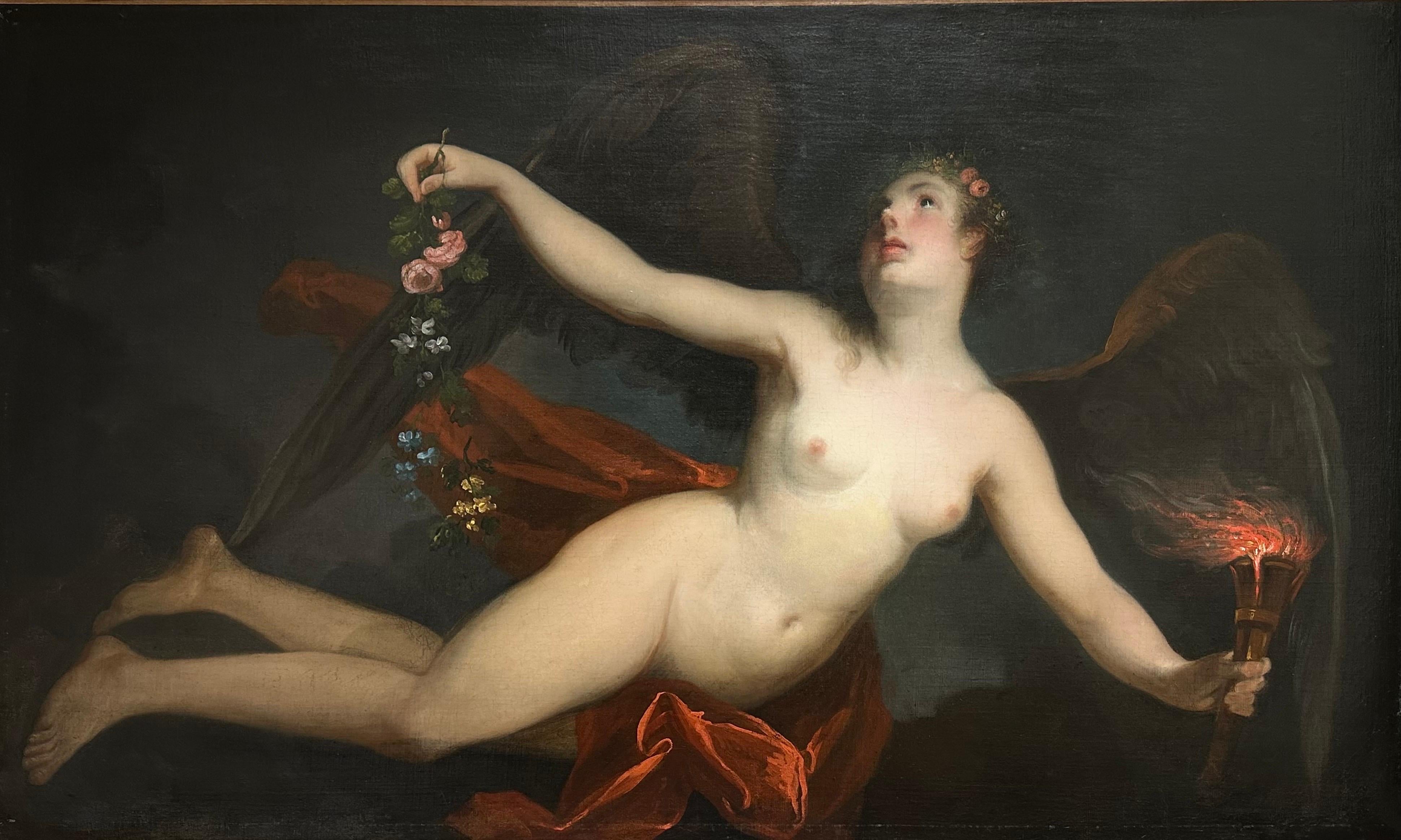 Huge maître rococo français du 18ème siècle, huile allégorique d'une femme ailée et nue
