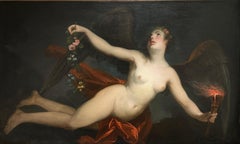 Antique Huge 18th Century French Rococo Old Master Oil Allegorical Nude Winged Lady