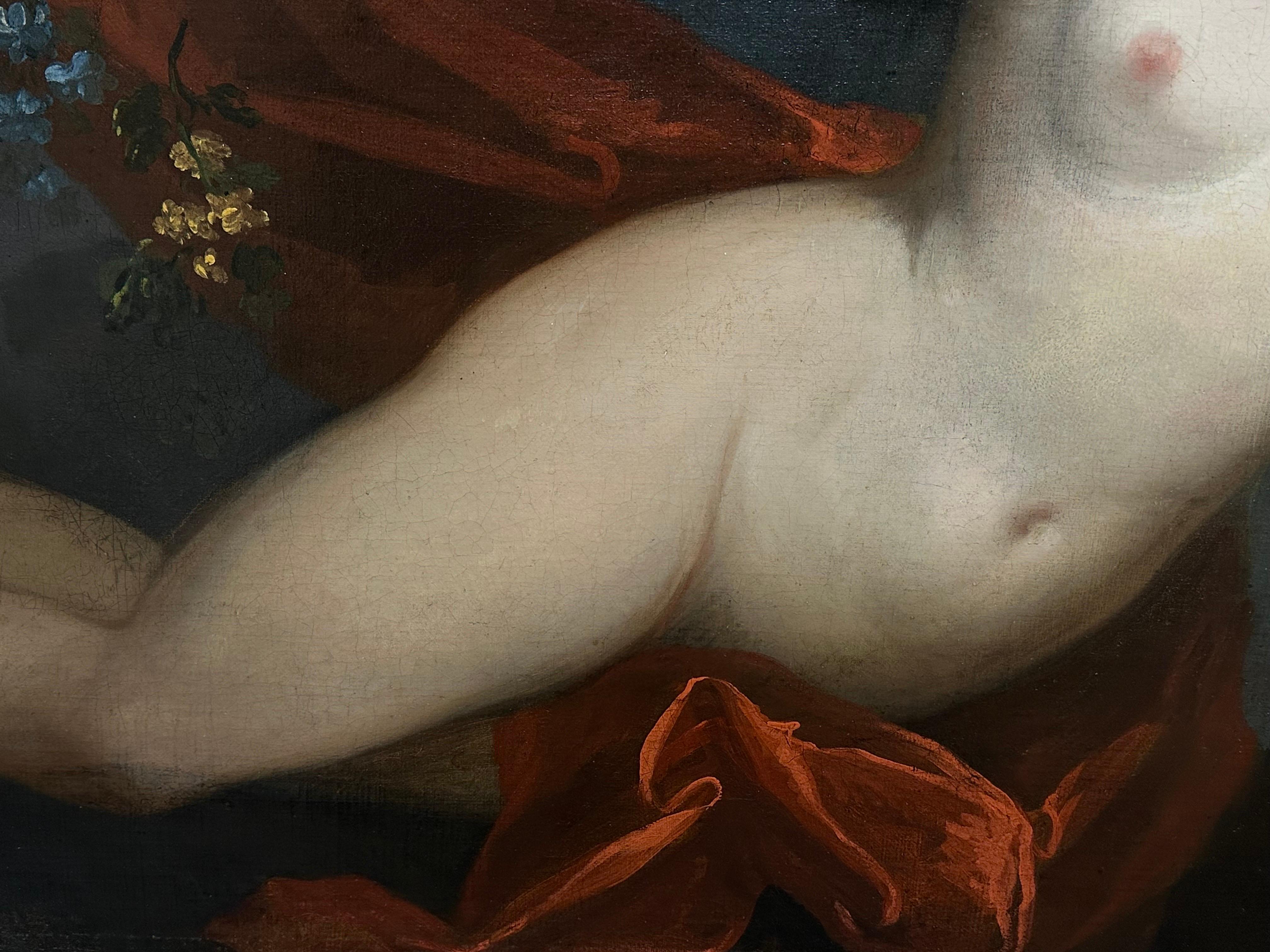 Huge maître rococo français du 18ème siècle, huile allégorique d'une femme ailée et nue en vente 4