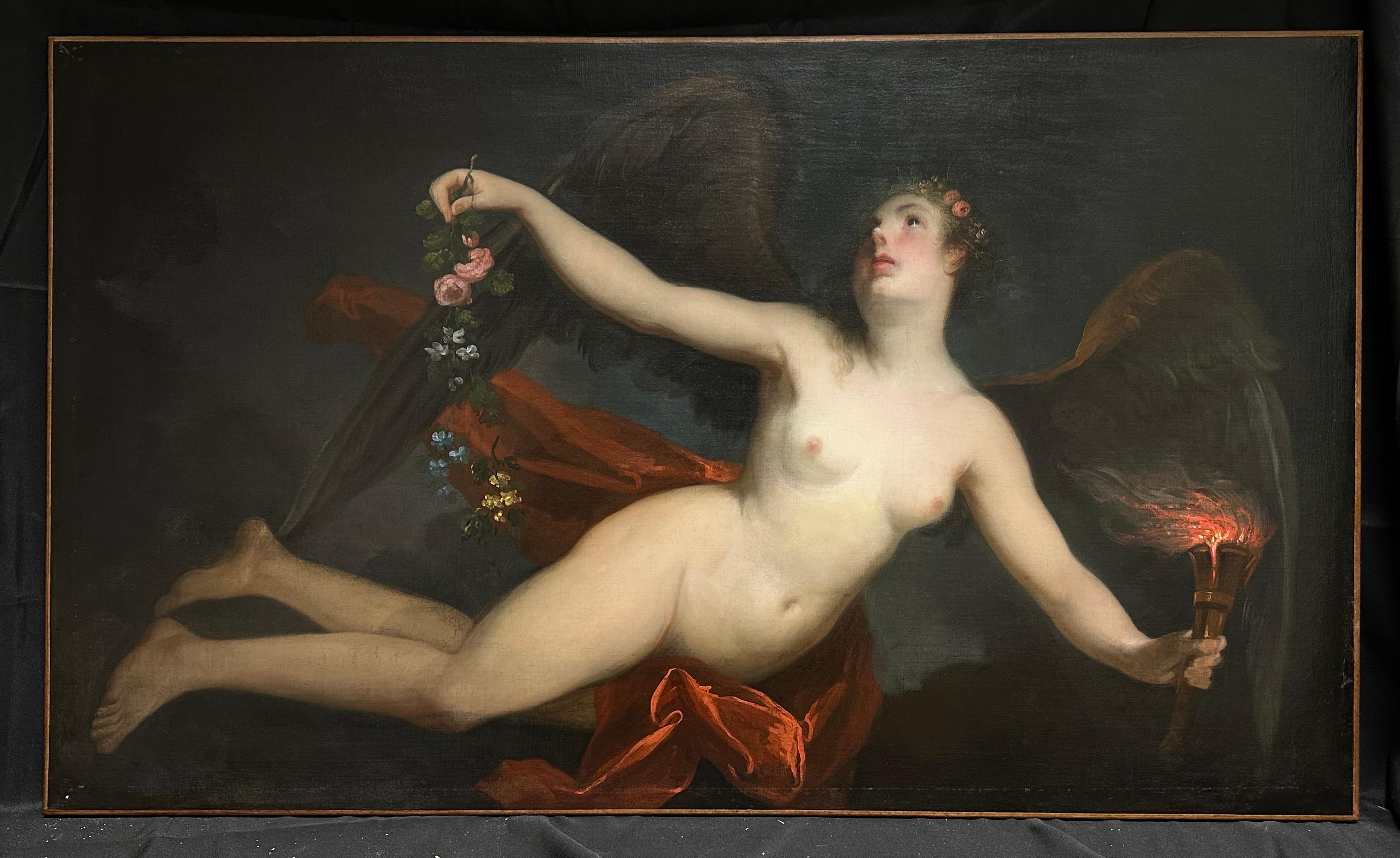 Huge maître rococo français du 18ème siècle, huile allégorique d'une femme ailée et nue - Painting de French 18th Century