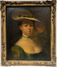 Very Fine 18th Century Aristocratic Portrait of Elegant Young Lady Hat & Earing