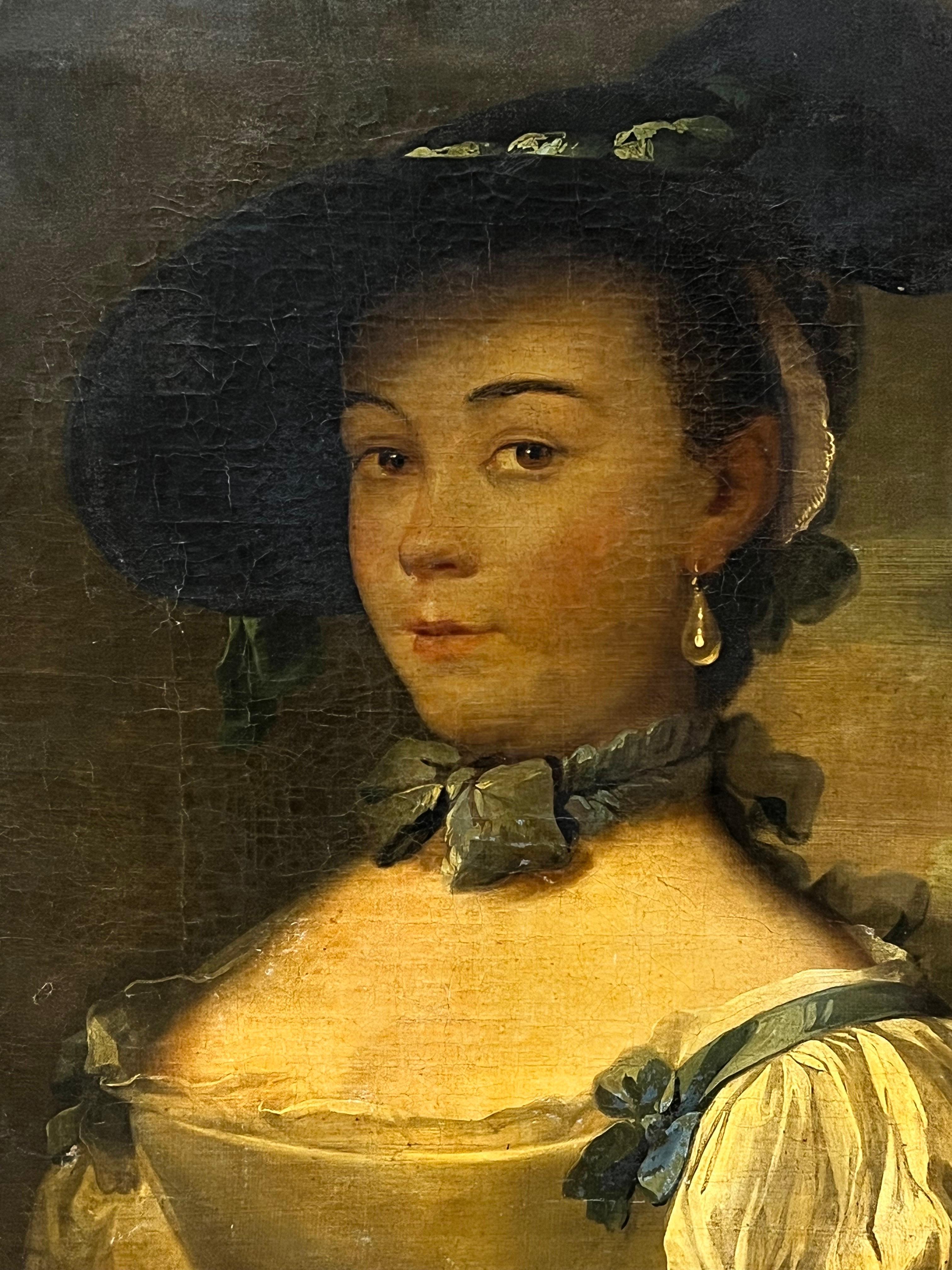 French 18th Century Figurative Painting - Very Fine 18th Century Aristocratic Portrait of Elegant Young Lady Pearl Earing