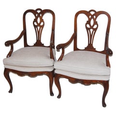 Antique French 18th Century Pair of Walnut Fauteuils with Upholstered Seats Carved Backs