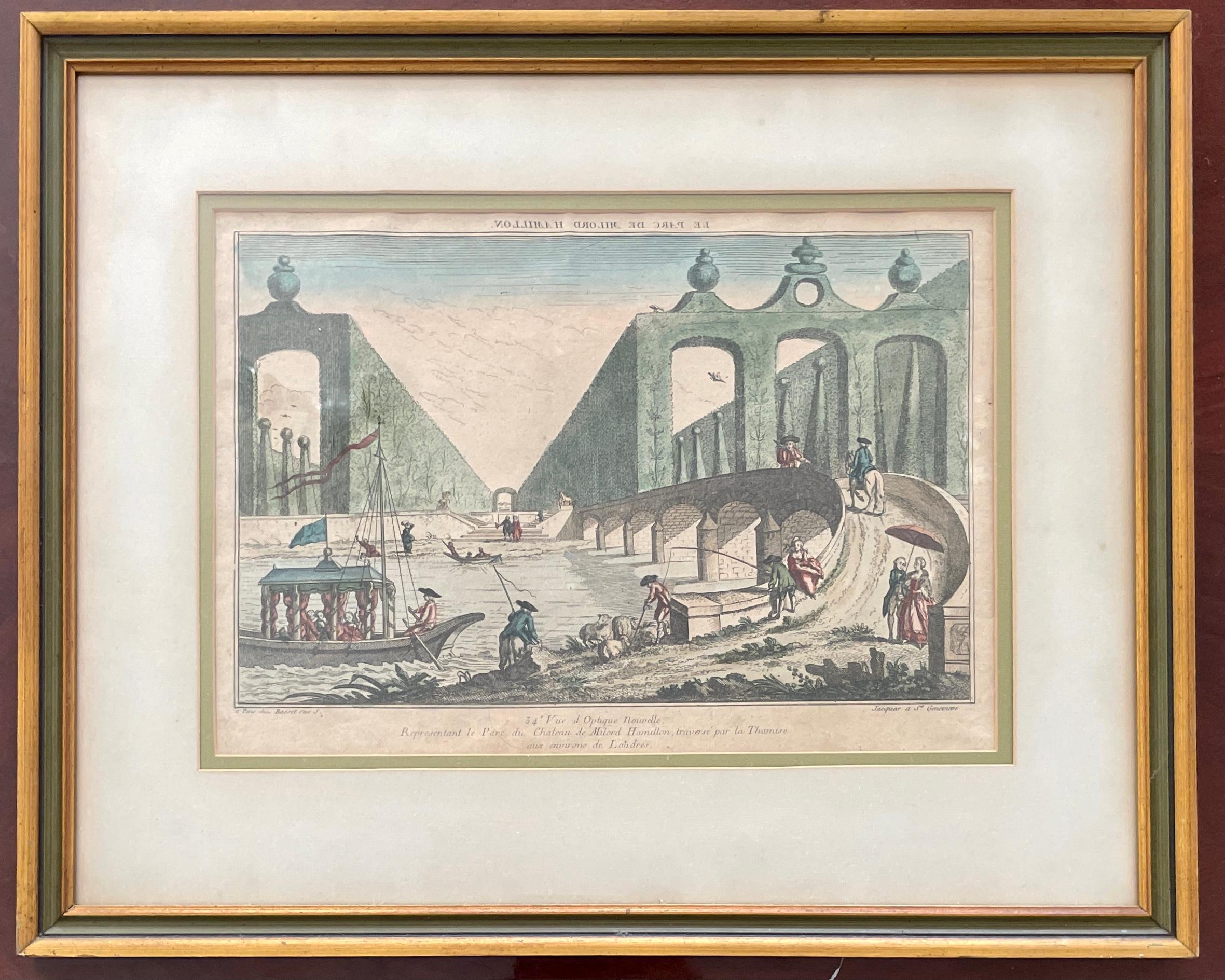 Classic French 18th century lithograph of a daily French life scene in a park. This item is in its original frame. Great addition to your Classic French inspired interiors.