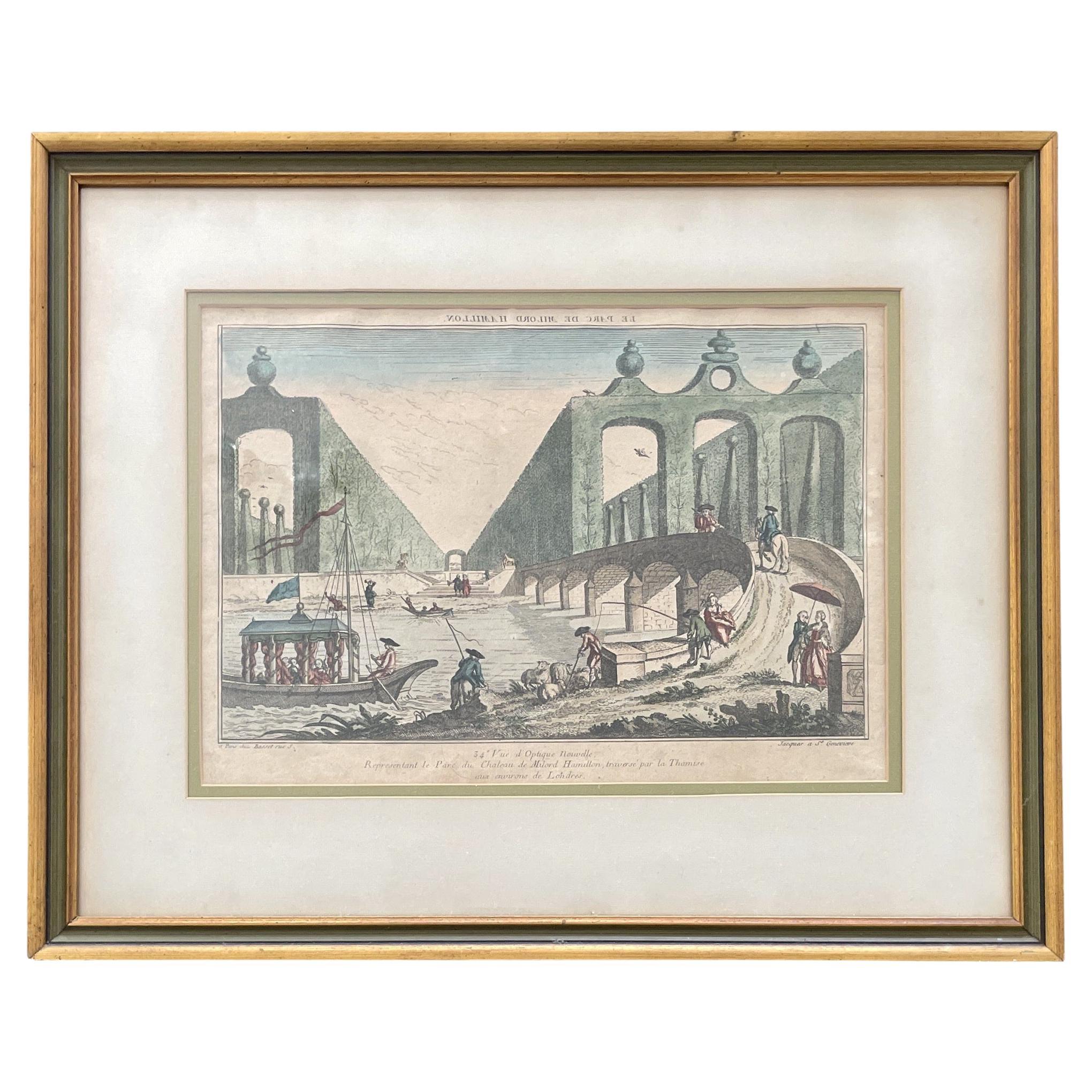 Lithographie française du XVIIIe siècle représentant une scène de parc en vente