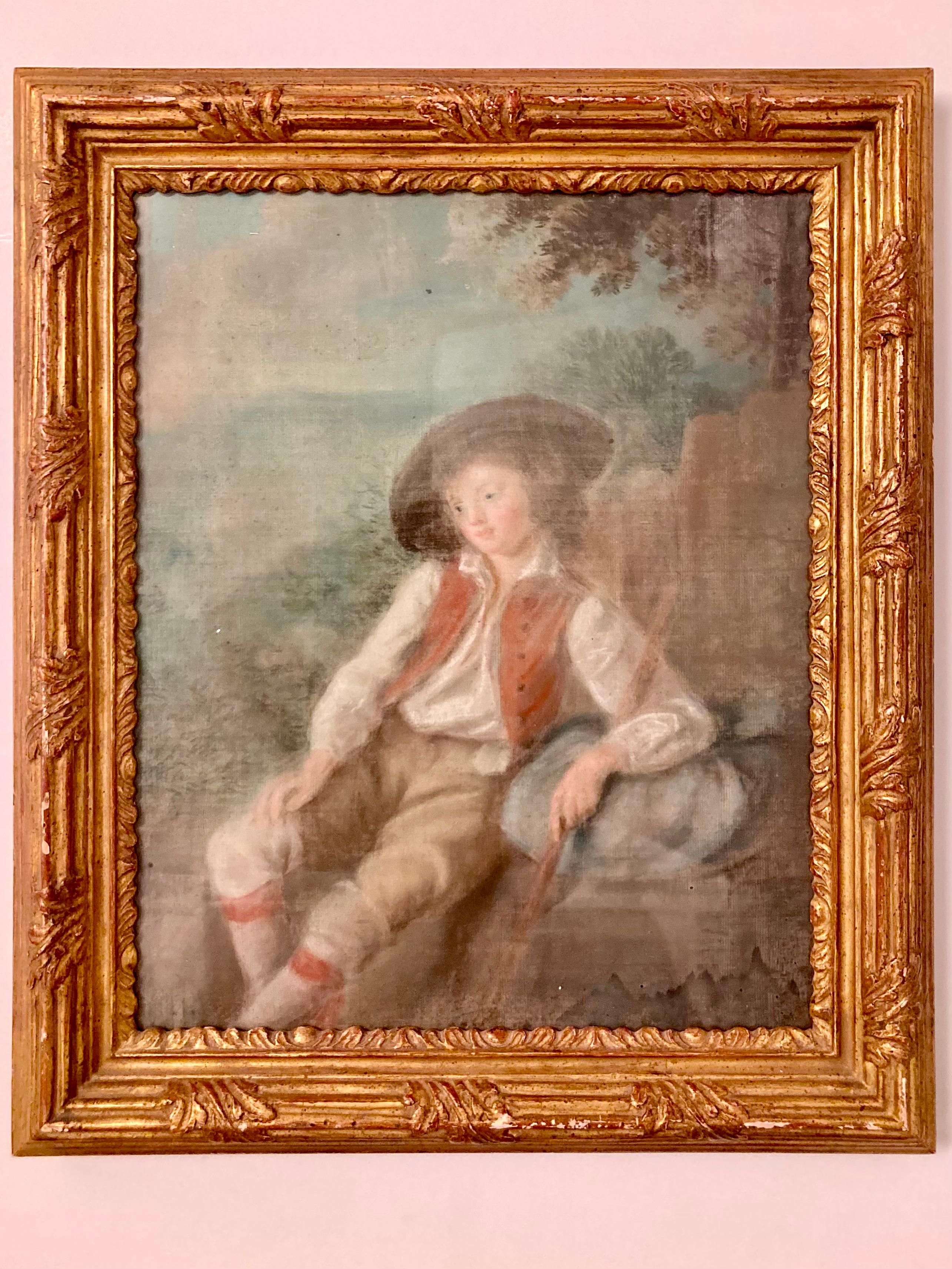 French 18th Century pastel portrait drawing of a boy on paper. Nice older gilt frame, too. Old glass with tiny bubbles. Beautiful details. Add some classic French style to your home.