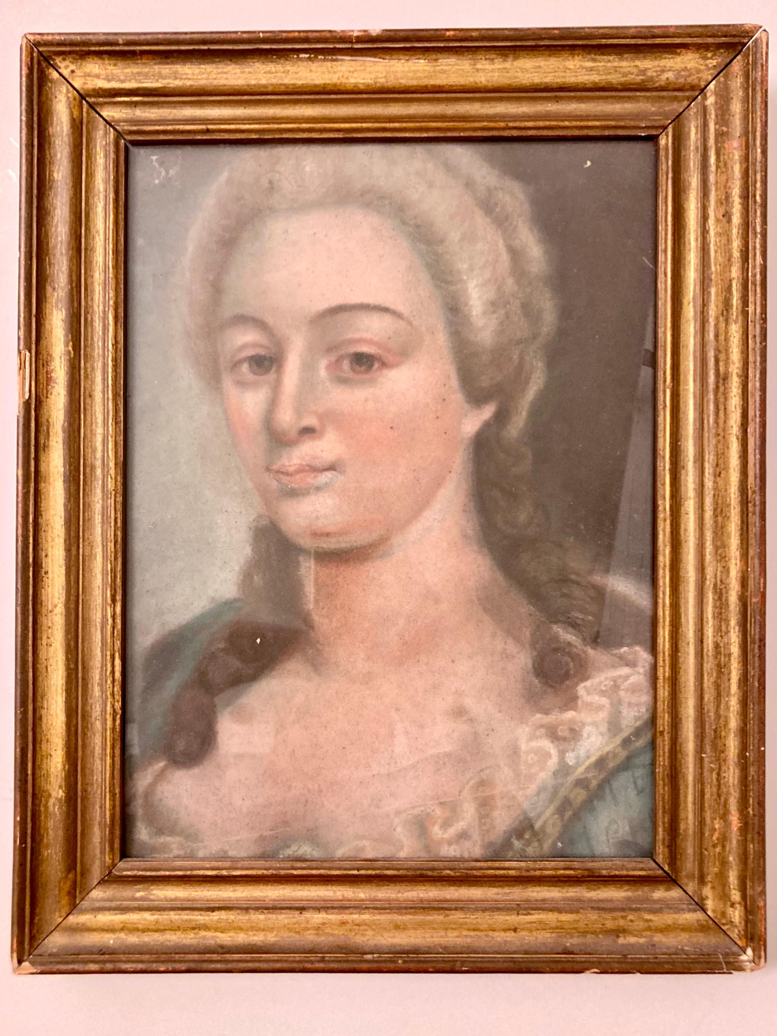 French 18th Century pastel portrait drawing of a lady. Beautiful details and gorgeous old gilt frame. Glass is old with bubbles. Add some classic French style to your home.