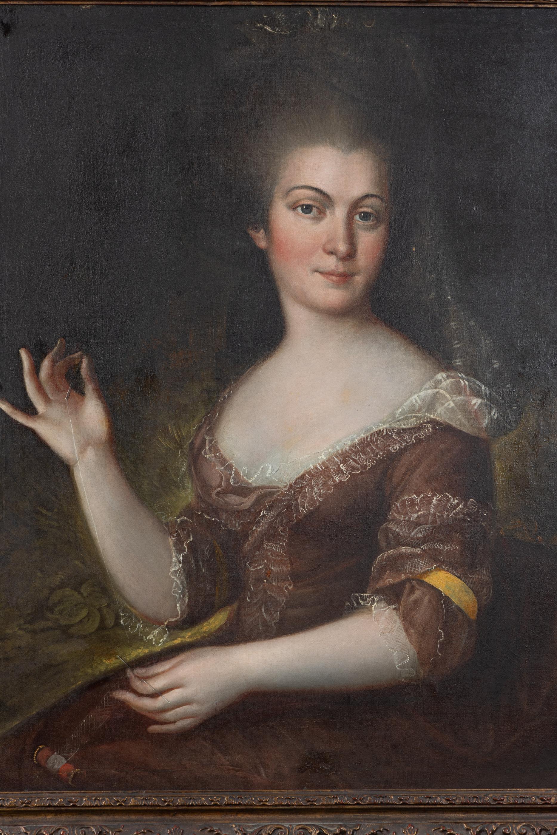 French 18th century portrait of a lady in elegant brown gown, trimmed in white lace.  The subject is holding up her hands and spindly fingers, in the fashion of Lily (18th century portrait artist.)  The subject is wearing rouge on her cheeks, and is