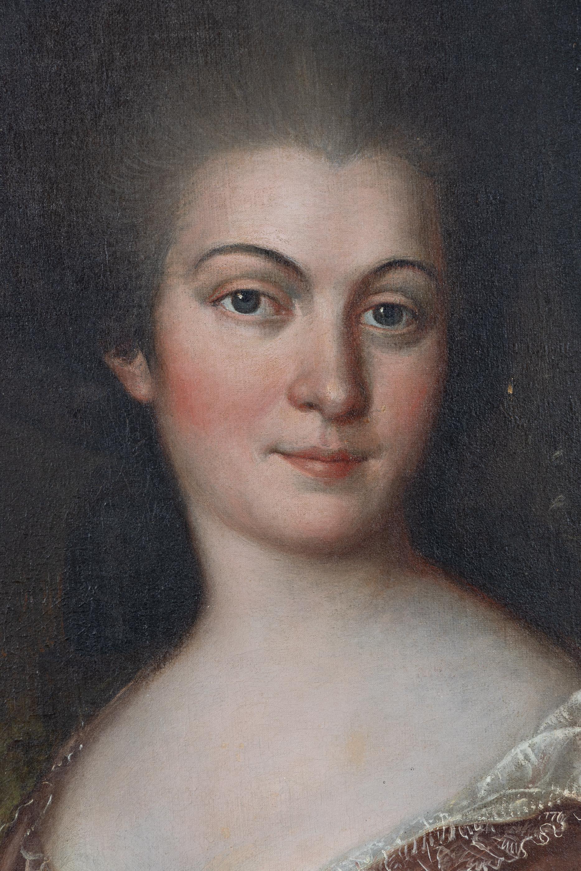 French 18th Century Portrait of a Lady in Elegant Brown Gown, Trimmed in Lace In Good Condition In New Orleans, LA