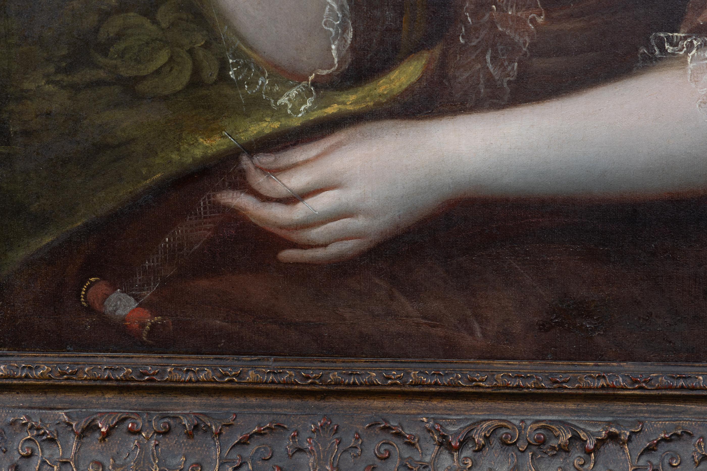 Paint French 18th Century Portrait of a Lady in Elegant Brown Gown, Trimmed in Lace