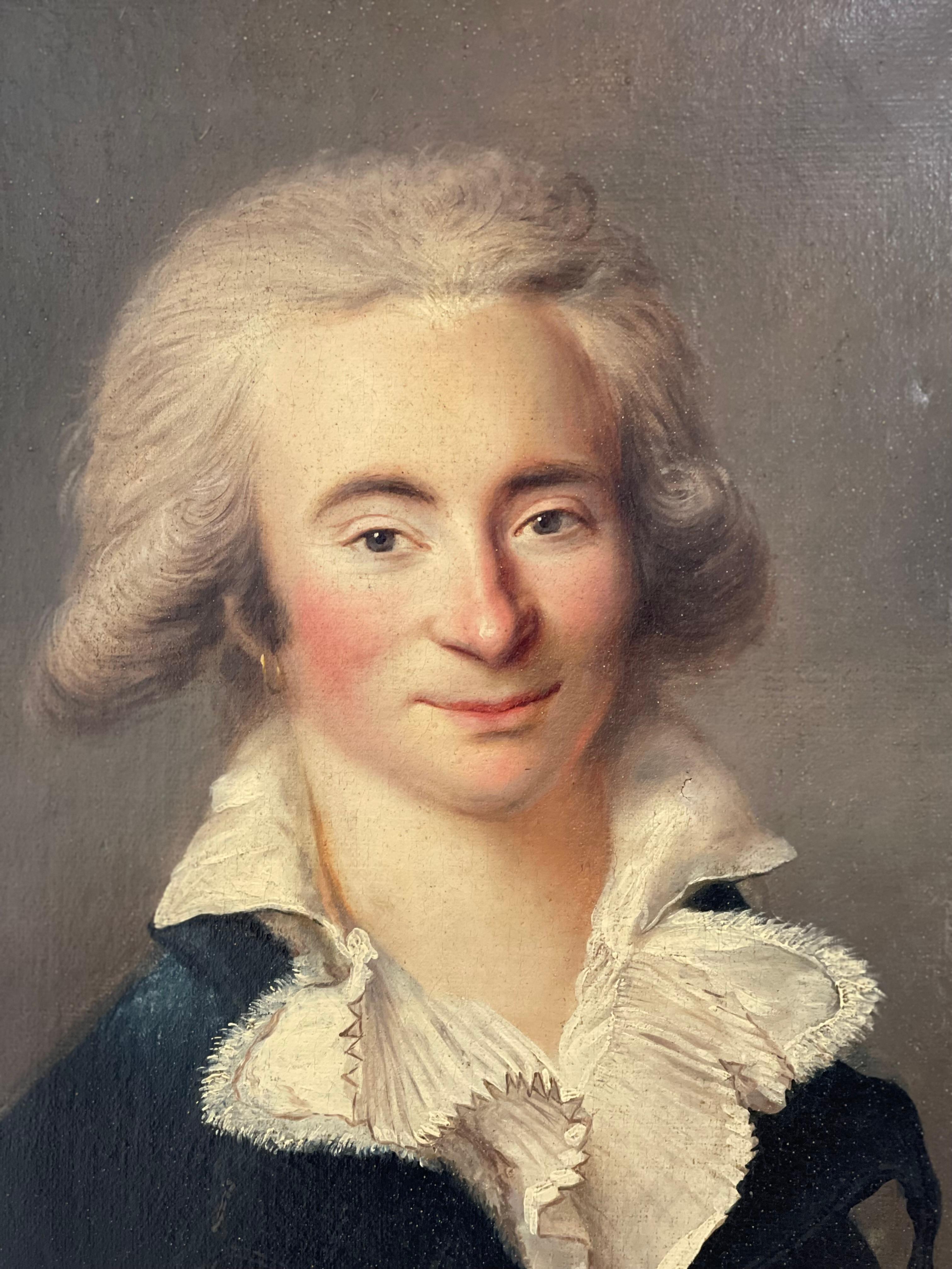 18th century oval portrait oil on canvas of an aristocrat

The individual with the mischievous look wears a highly voluminous powdered starch hairdo.
An earring on his ear is a rare example of coquetry in a picture.
His corner smile and brave