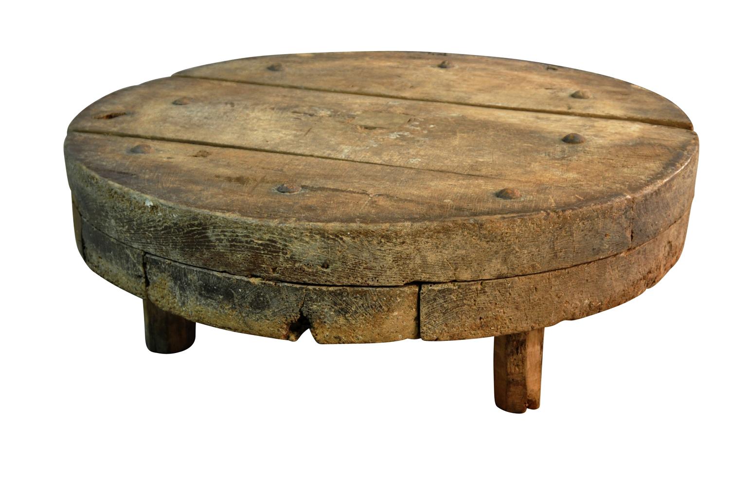 A terrific 18th century wine press or pressoire from a vineyard in the South of France now as a coffee table. Very sound and sturdily constructed from oak with iron bolts. Terrific patina. Great for any casual interior or exterior.