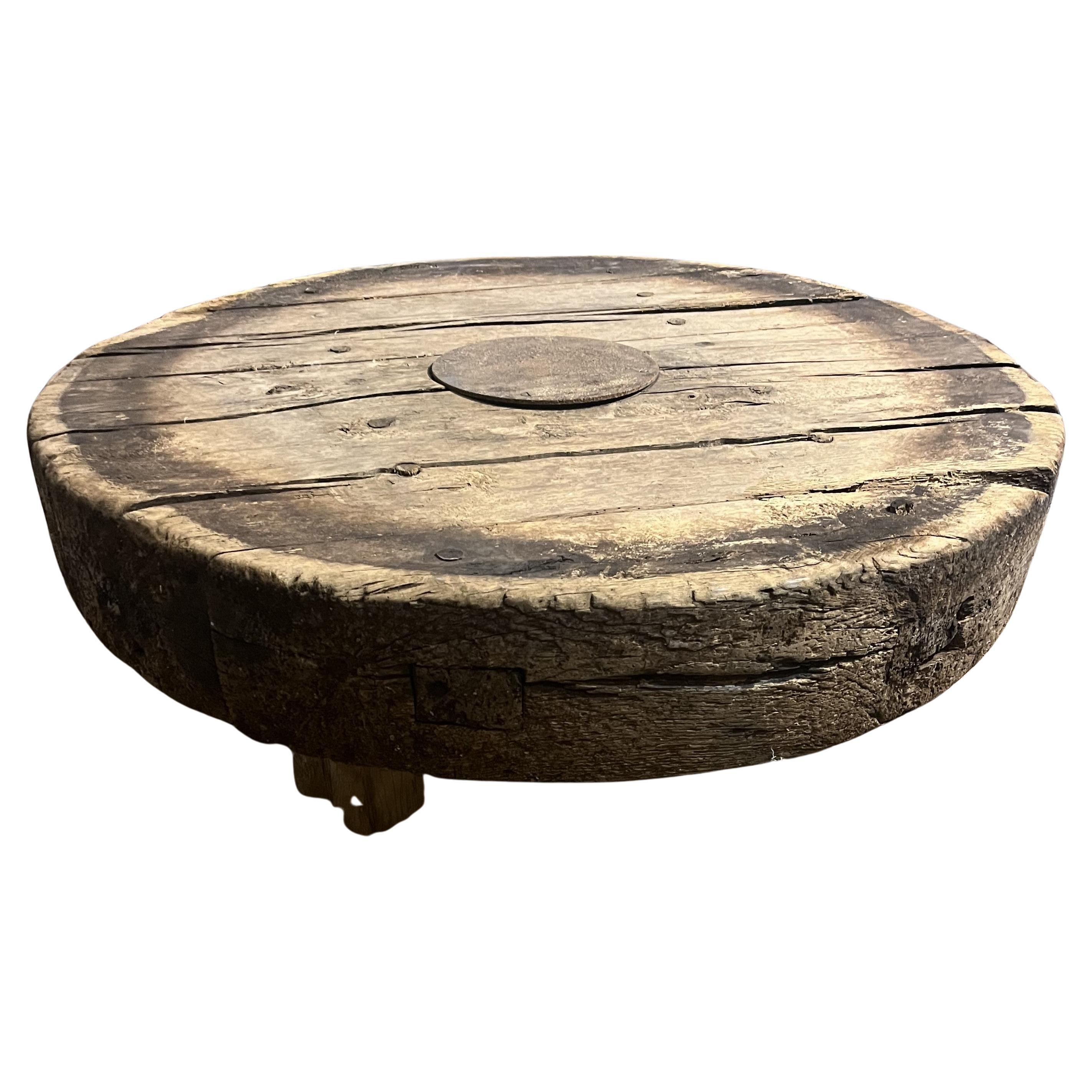 Sensational coffee table - constructed from an 18th century wine press - Pressoire - from a vineyard in the Provence region of France, in naturally washed oak.  Terrific patina. A tremendous piece for any interior or garden.
