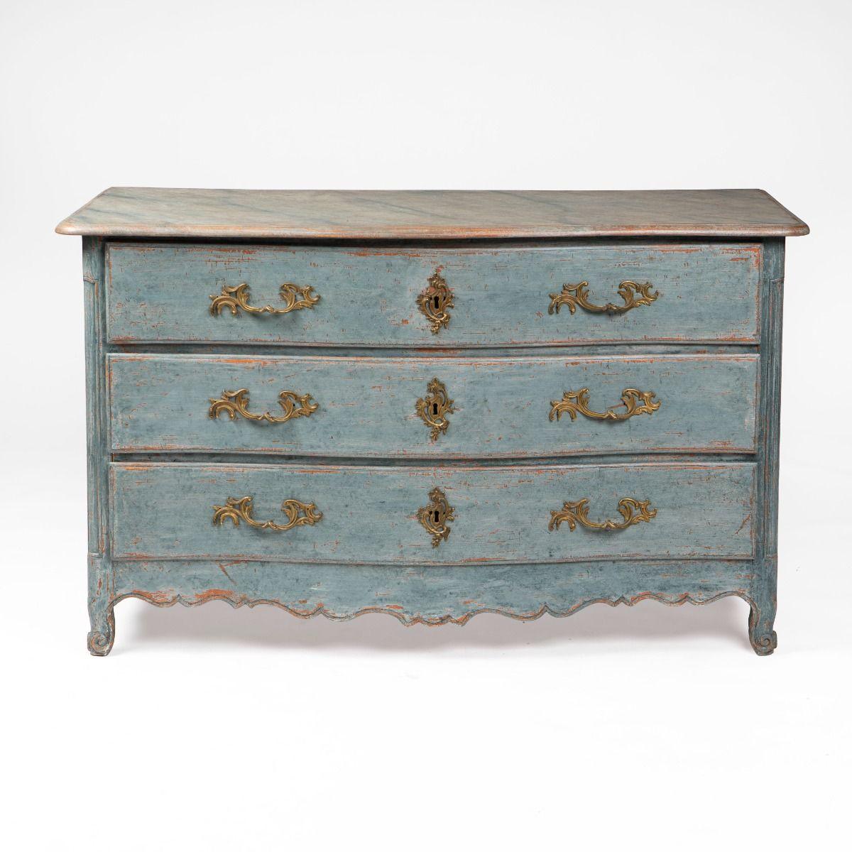 Cómoda Régence Francesa del Siglo XVIII con Frente de Arco en Gris-Azul en venta