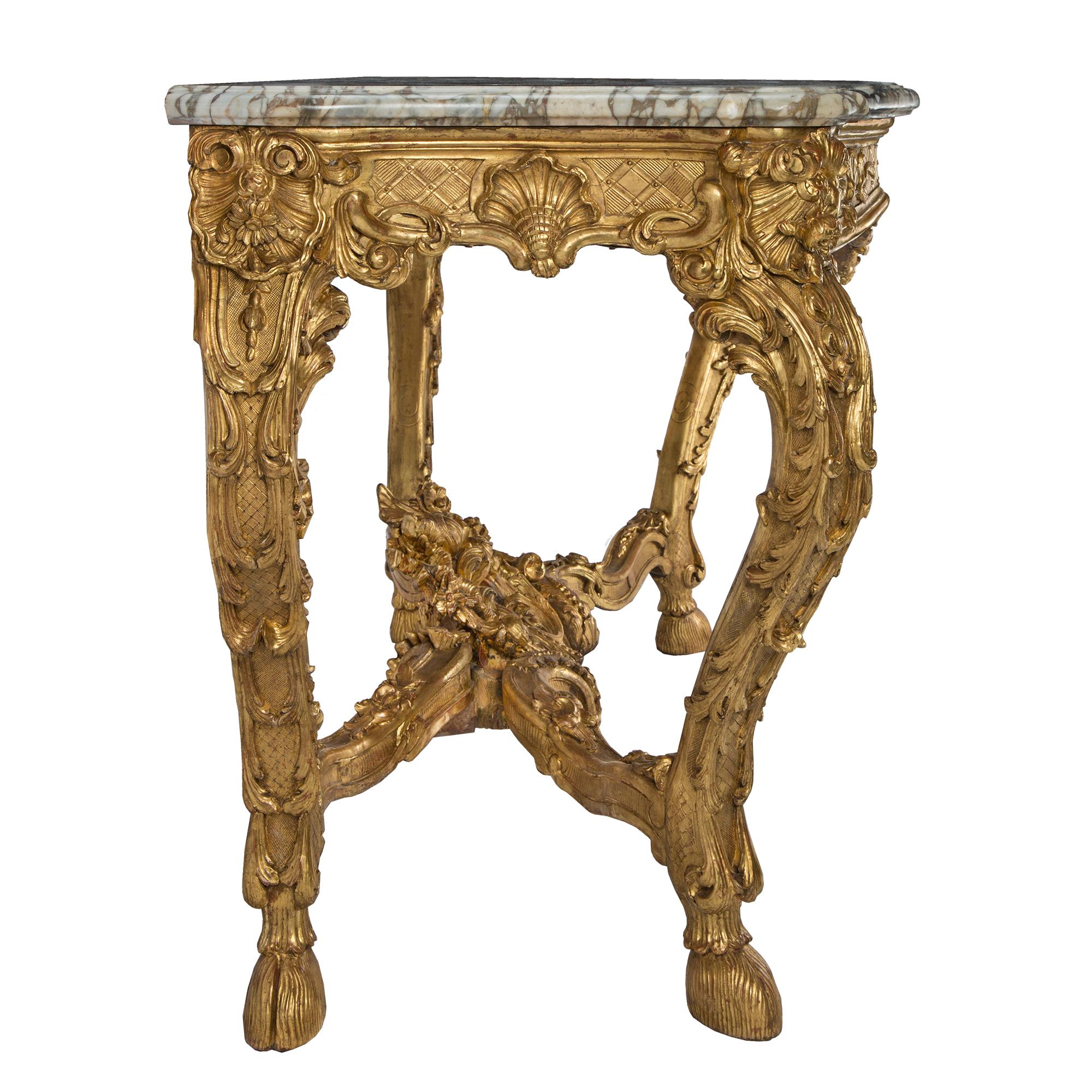18th Century and Earlier French 18th Century Regence Period Giltwood and Marble Freestanding Console For Sale