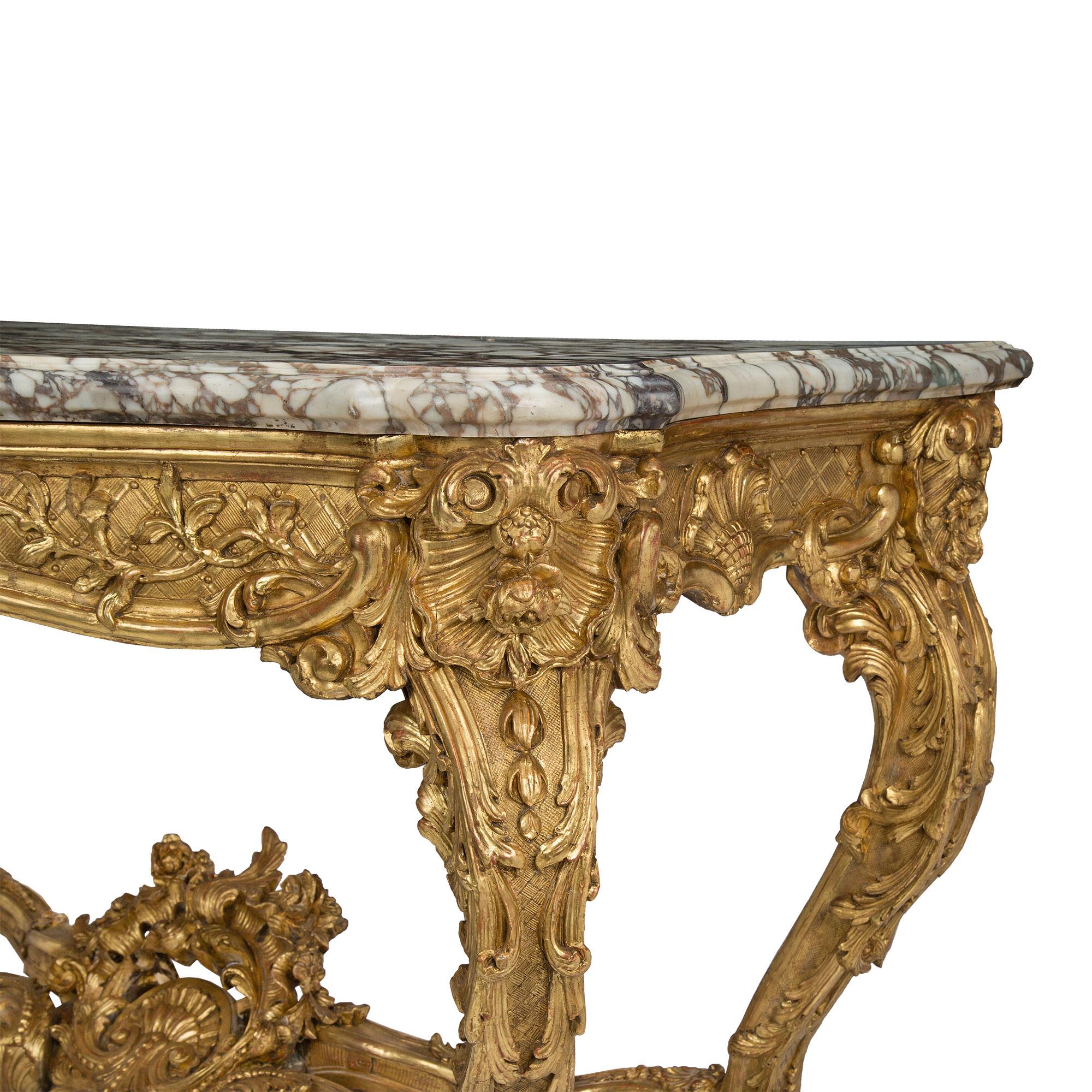 Console autoportante en bois doré et marbre de la période Régence du 18ème siècle français en vente 1