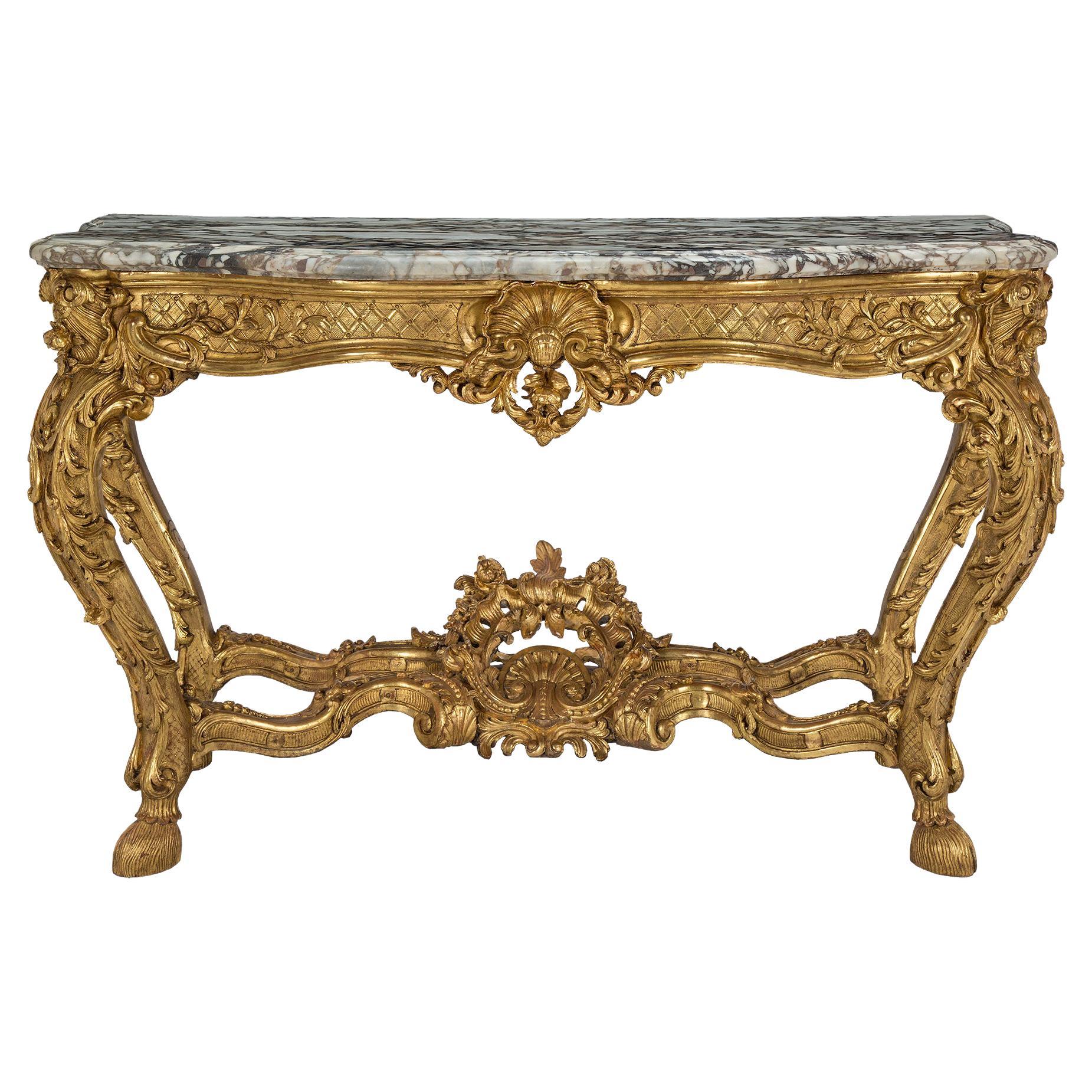 Console autoportante en bois doré et marbre de la période Régence du 18ème siècle français en vente