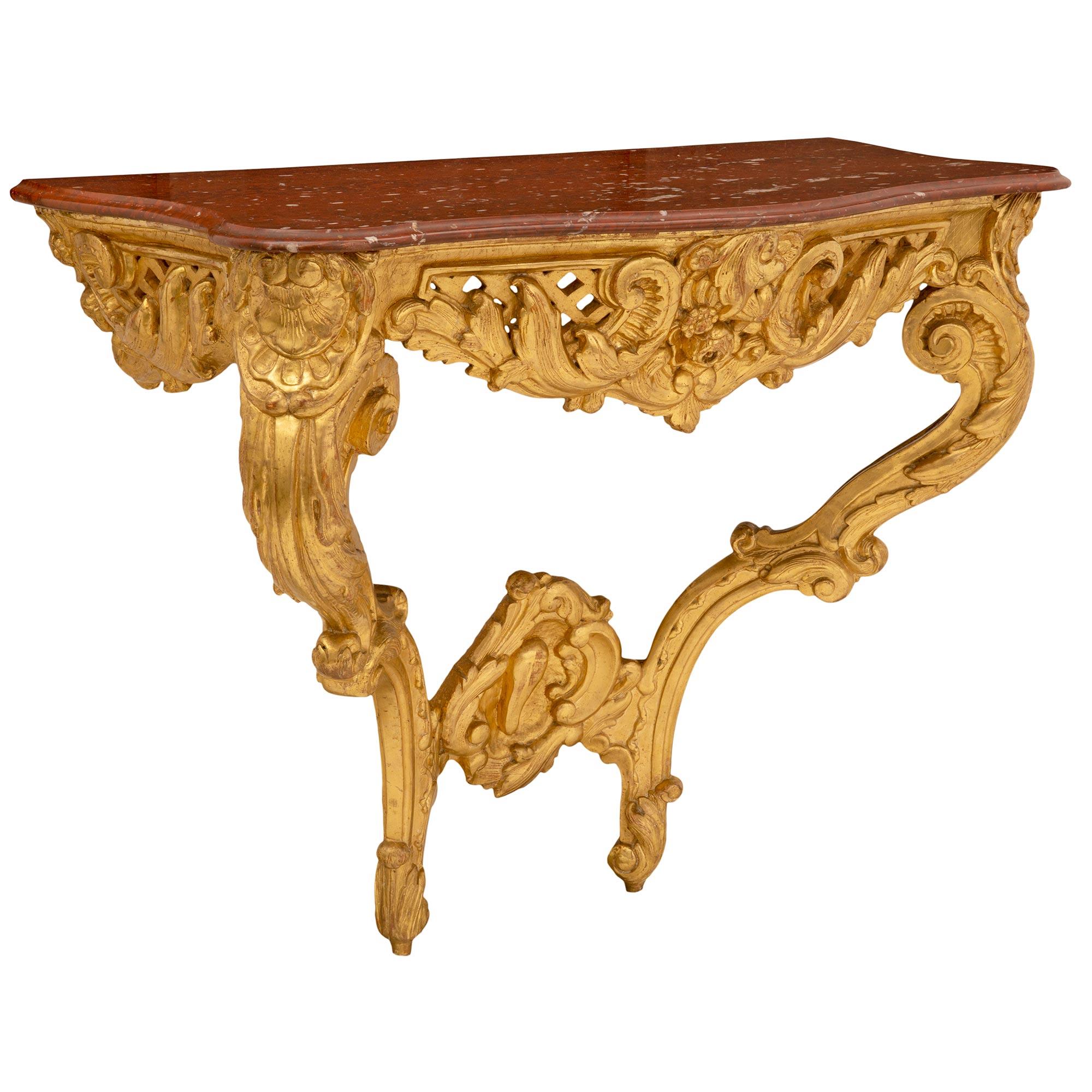 18th Century and Earlier French 18th Century Regence Period Giltwood and Rouge Griotte Marble Console For Sale