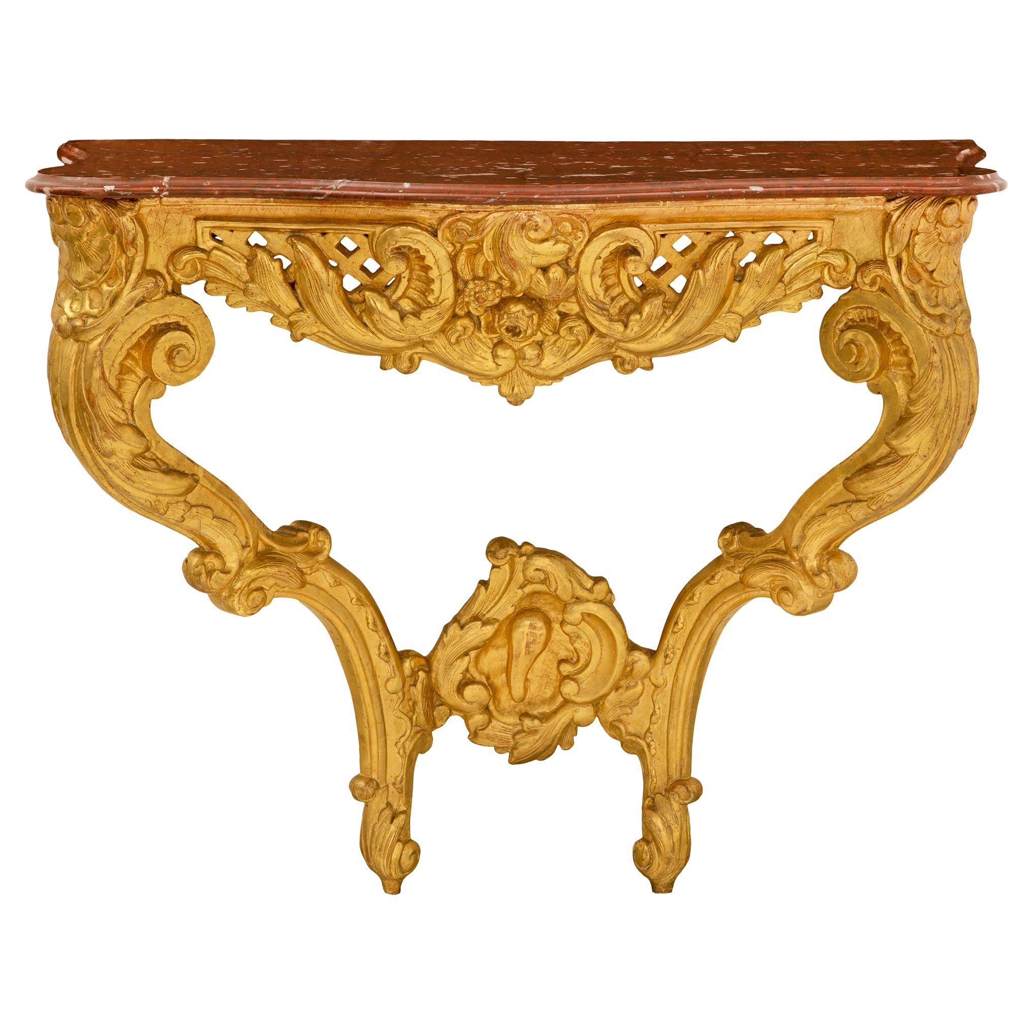 French 18th Century Regence Period Giltwood and Rouge Griotte Marble Console