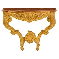 Console française d'époque Régence du 18ème siècle en bois doré et marbre rouge griotte