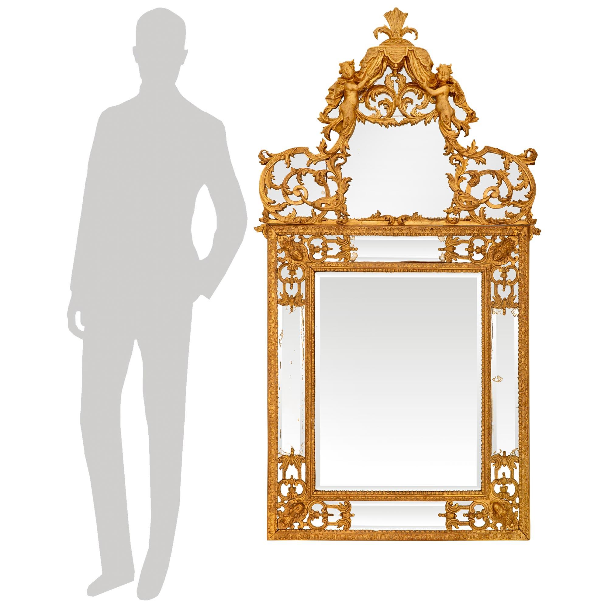 Un impressionnant et très décoratif miroir en bois doré d'époque Régence du XVIIIe siècle. Cet élégant miroir rectangulaire à double encadrement contient toutes ses plaques de miroir d'origine. Chaque plaque de miroir biseautée est encadrée de fines