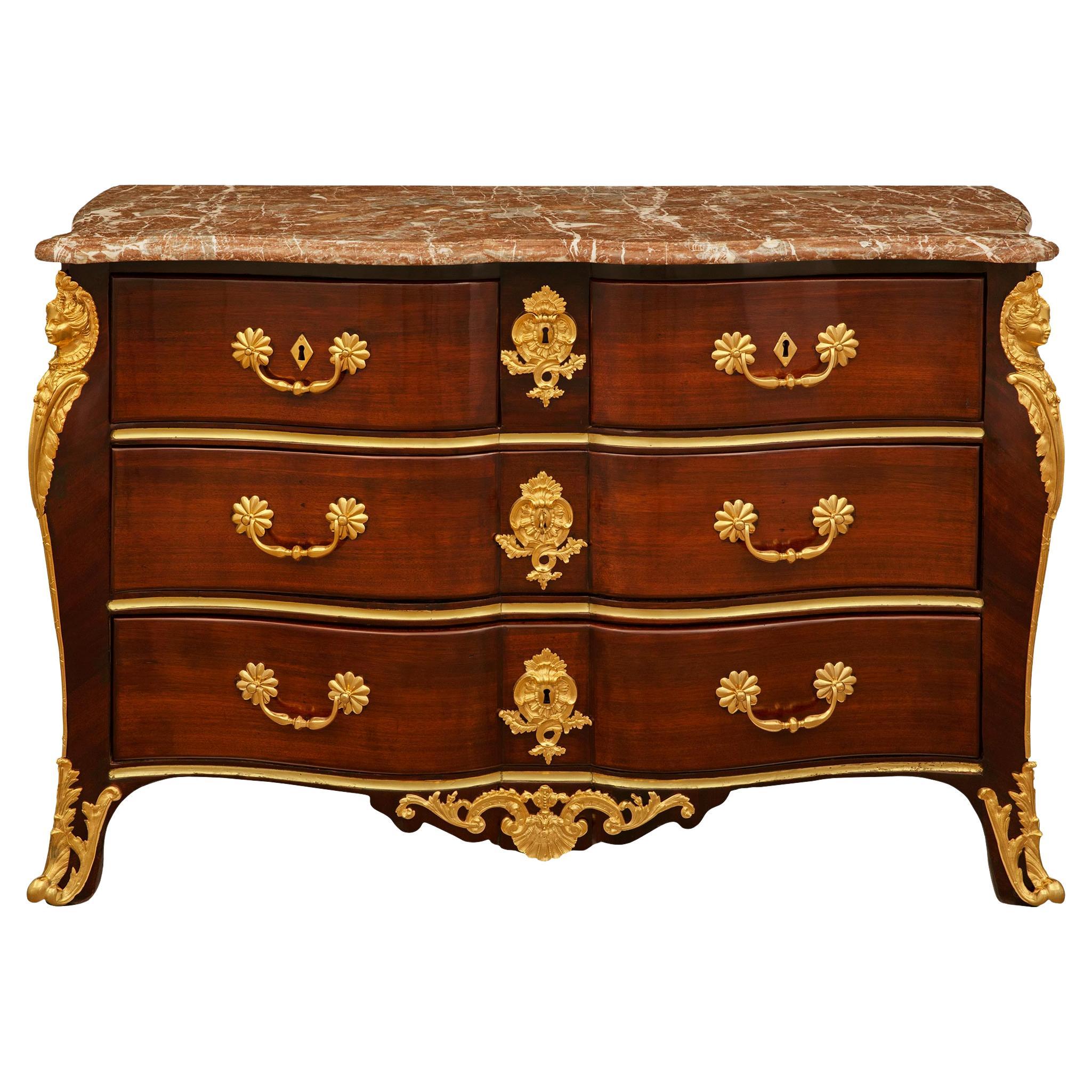 French 18th century Regence Period Mahogany, Ormolu and marble commode For Sale