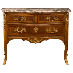 French 18th Century Régence Period Walnut, Fruitwood, Ormolu, and Marble Commode