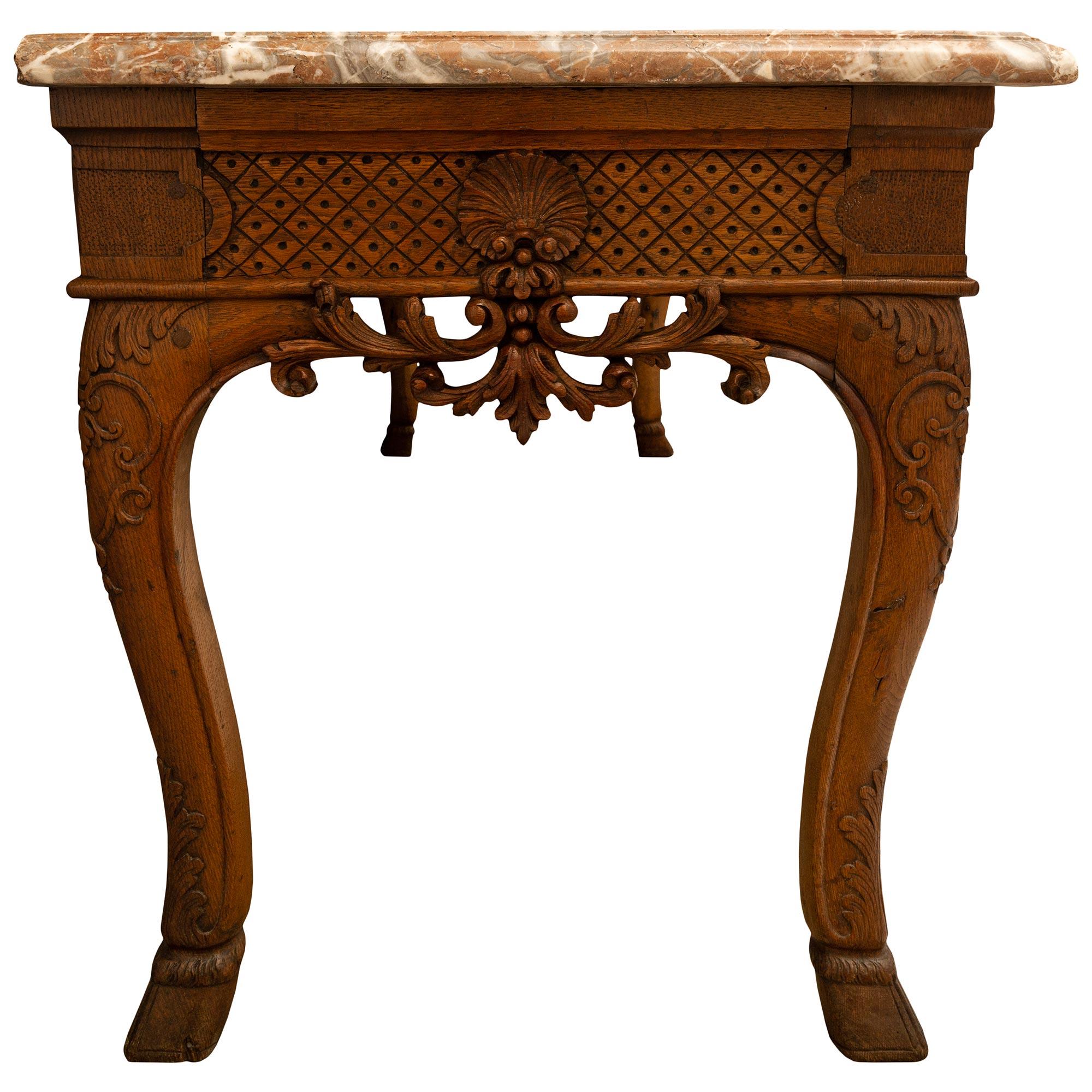 French 18th Century Regence St. Breccia Nuvolata Rosa Marble And Oak Console For Sale 1