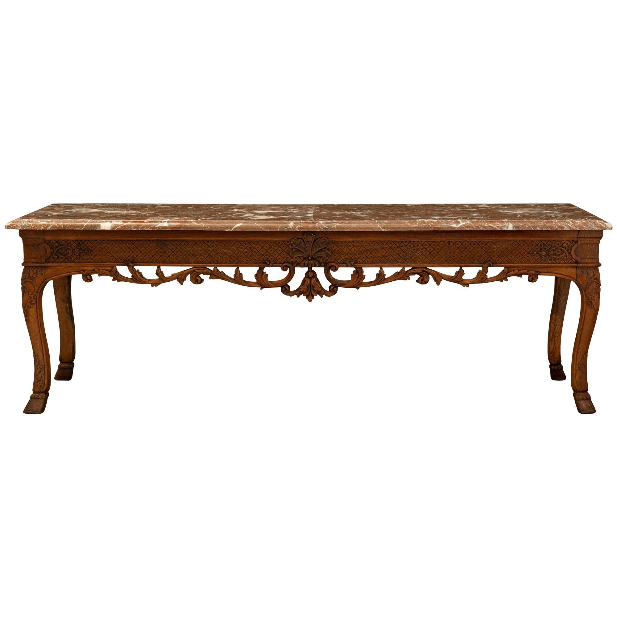 French 18th Century Regence St. Breccia Nuvolata Rosa Marble And Oak Console For Sale