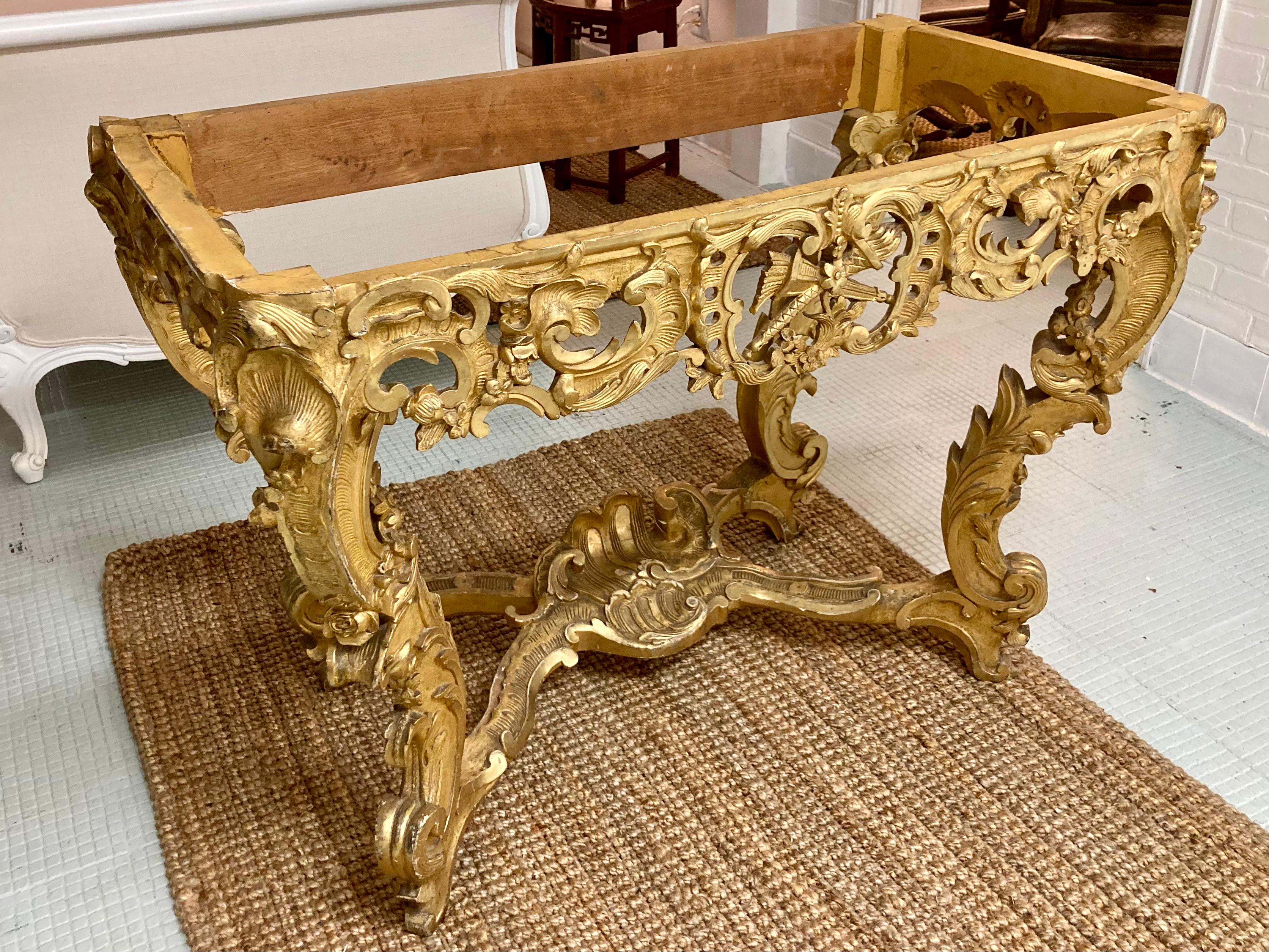 Beautiful French 18th Century Regency gilt carved console with no top, base only. Very important Regency console from a Michael Taylor designed interior project of a San Francisco estate that was decorated in the 1970s.
