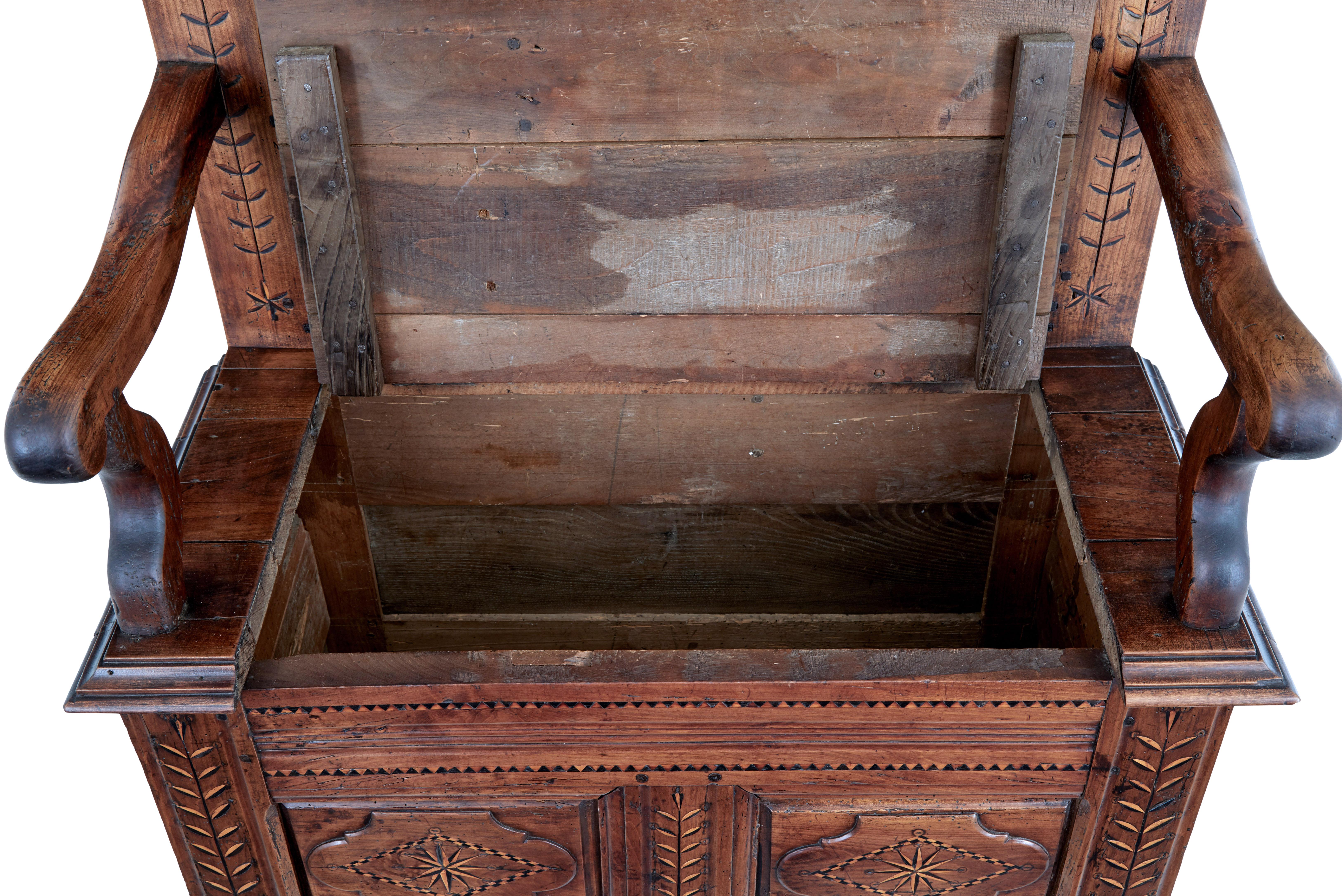 Rustic French 18th Century Small Inlaid Chestnut Settle