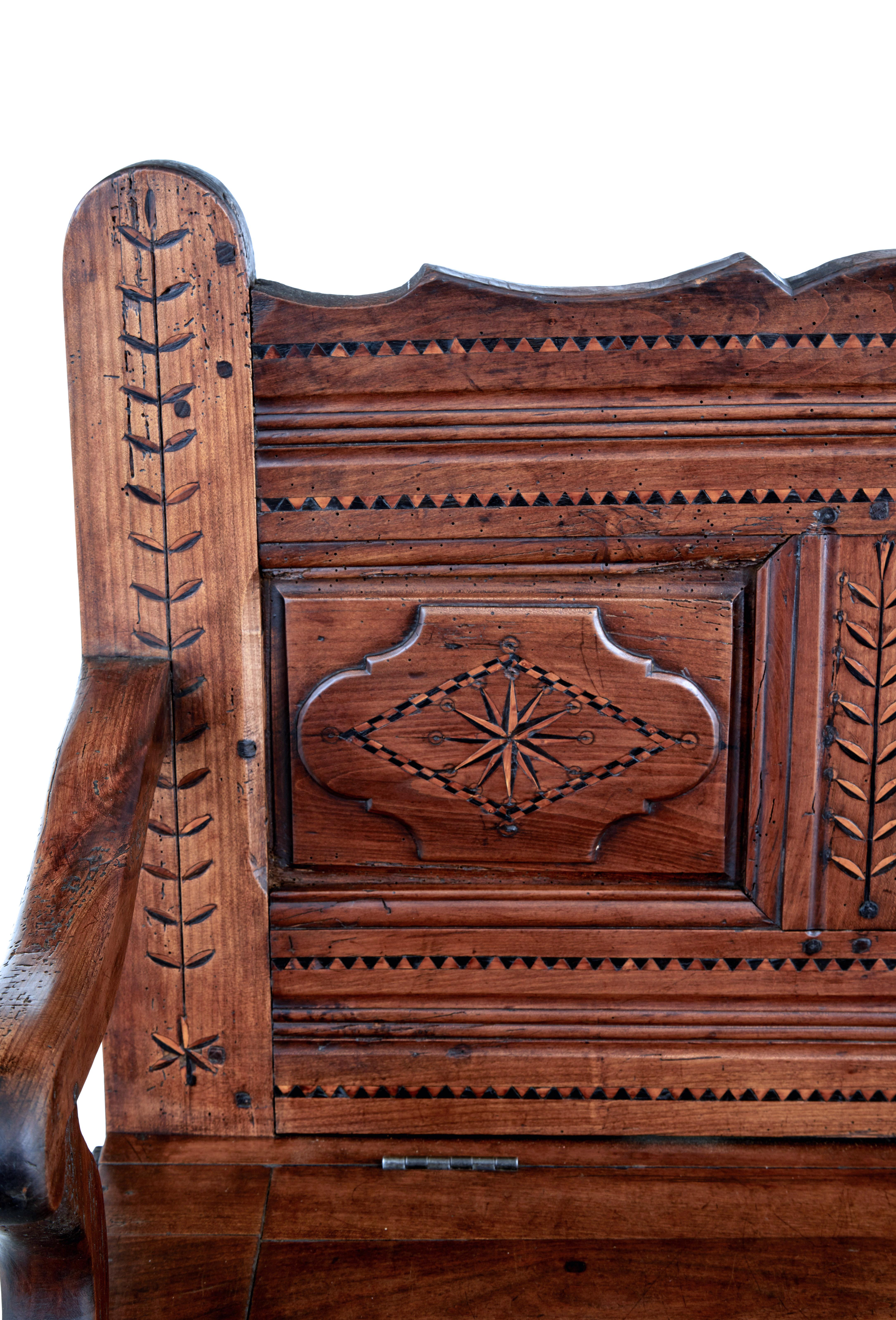 Hand-Carved French 18th Century Small Inlaid Chestnut Settle