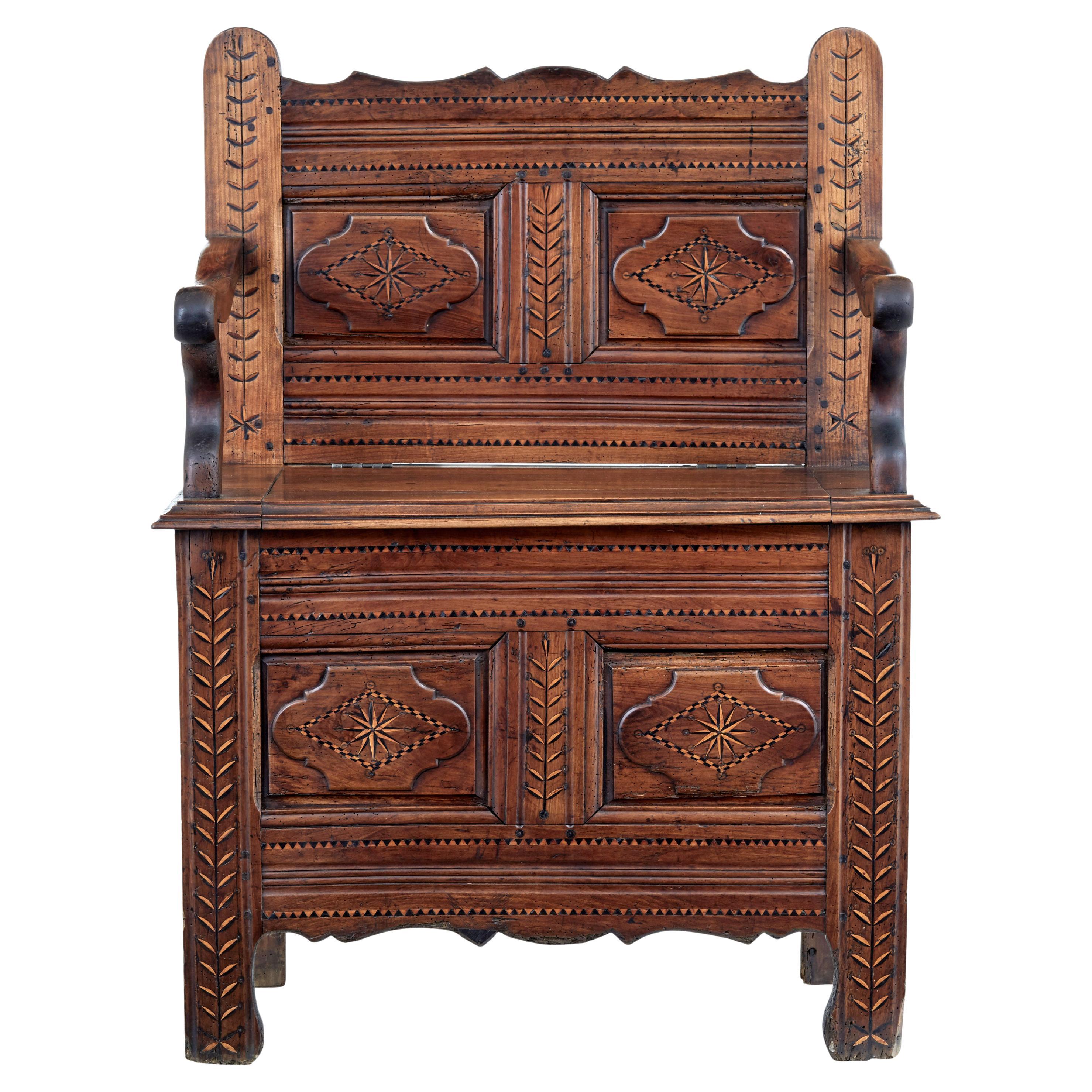 French 18th Century Small Inlaid Chestnut Settle