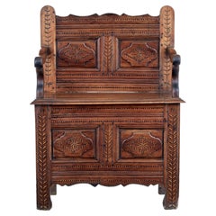 Antique French 18th Century Small Inlaid Chestnut Settle