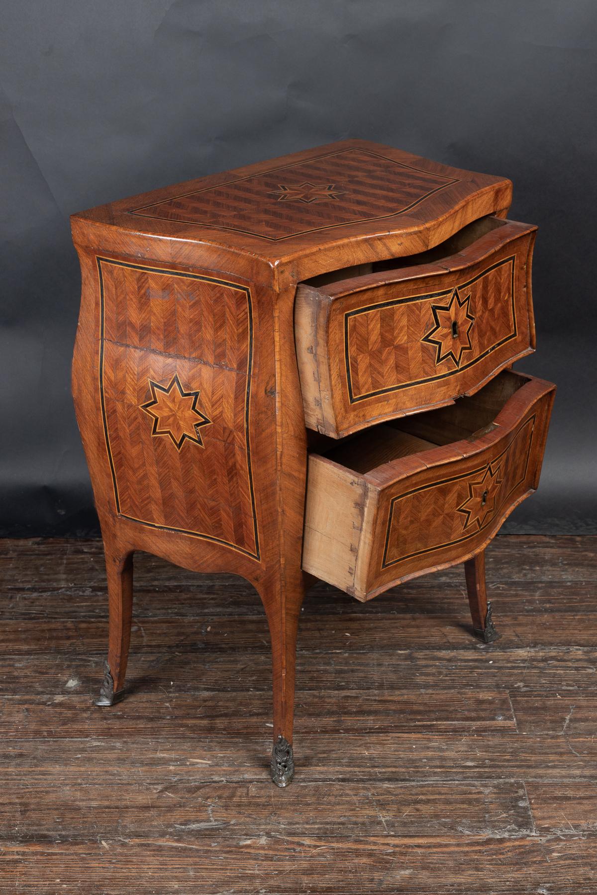 18th Century and Earlier French 18th Century Small Louis XV Bombé Two Drawer Marquetry Commode  For Sale