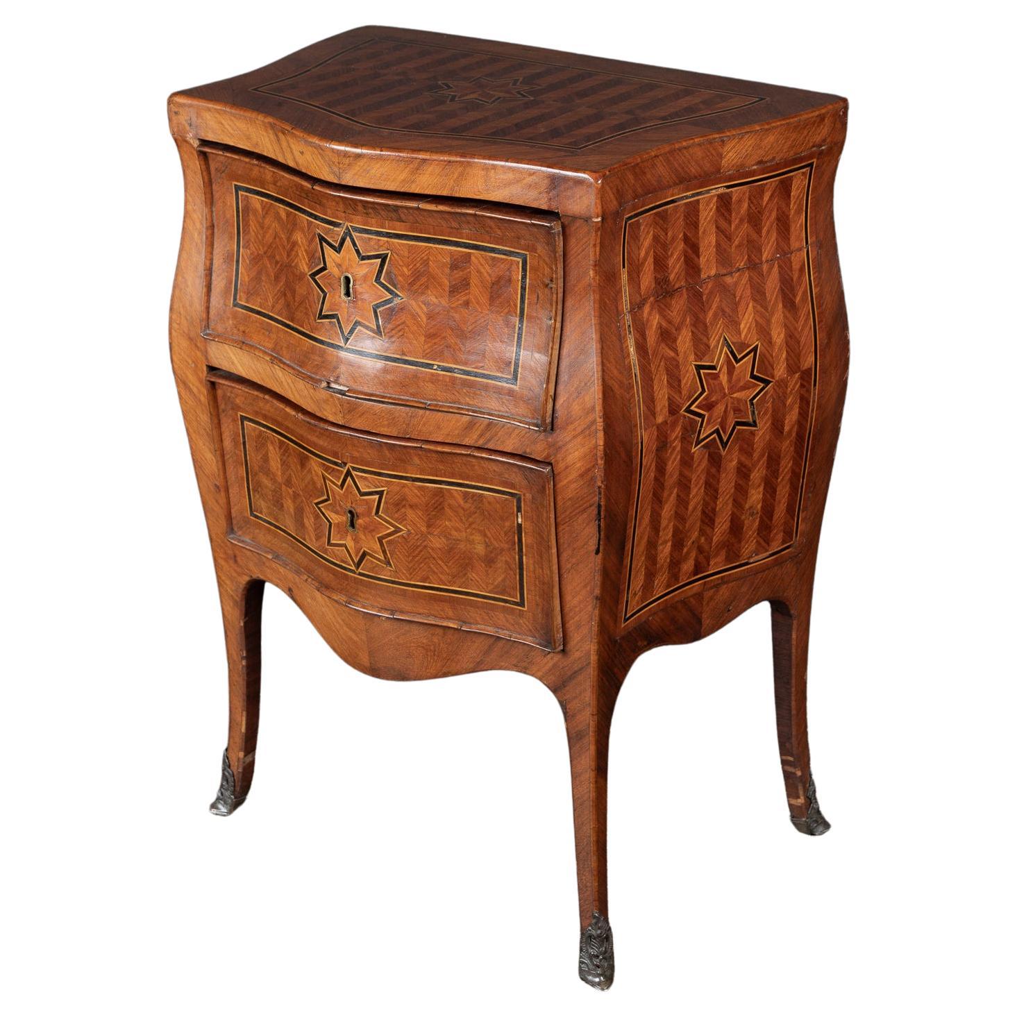 French 18th Century Small Louis XV Bombé Two Drawer Marquetry Commode  For Sale
