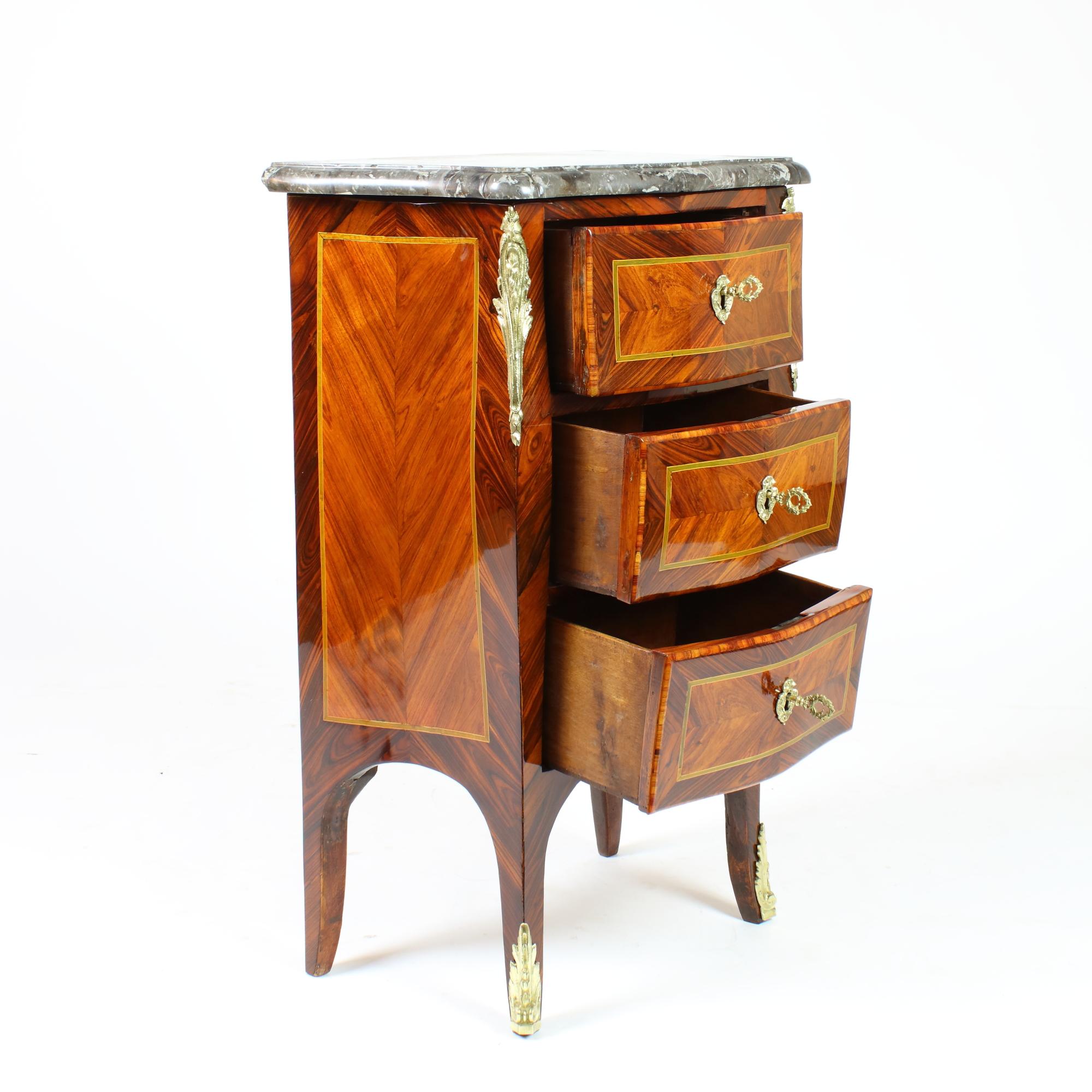 Bronze French 18th Century Small Louis XV Marquetry Commode, Stamped 