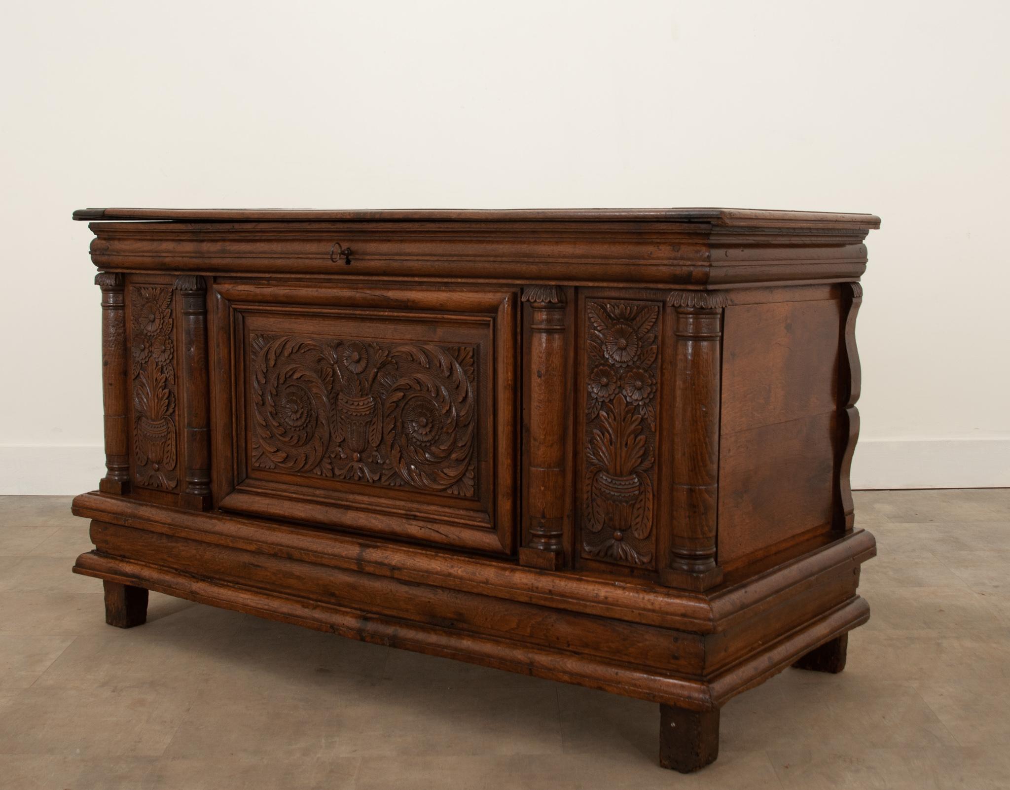 French 18th Century Solid Carved Oak Coffer For Sale 6