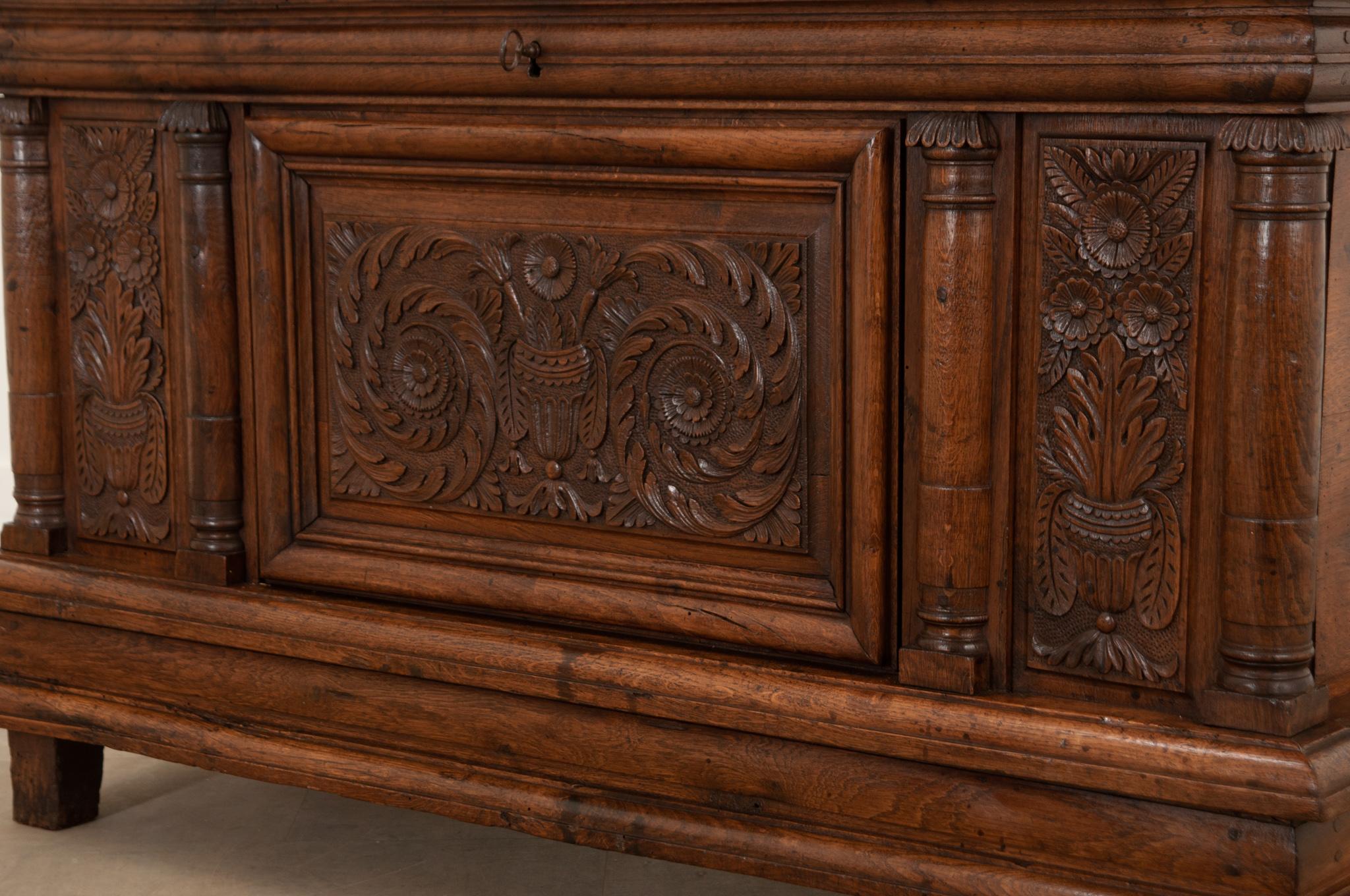 French 18th Century Solid Carved Oak Coffer For Sale 8