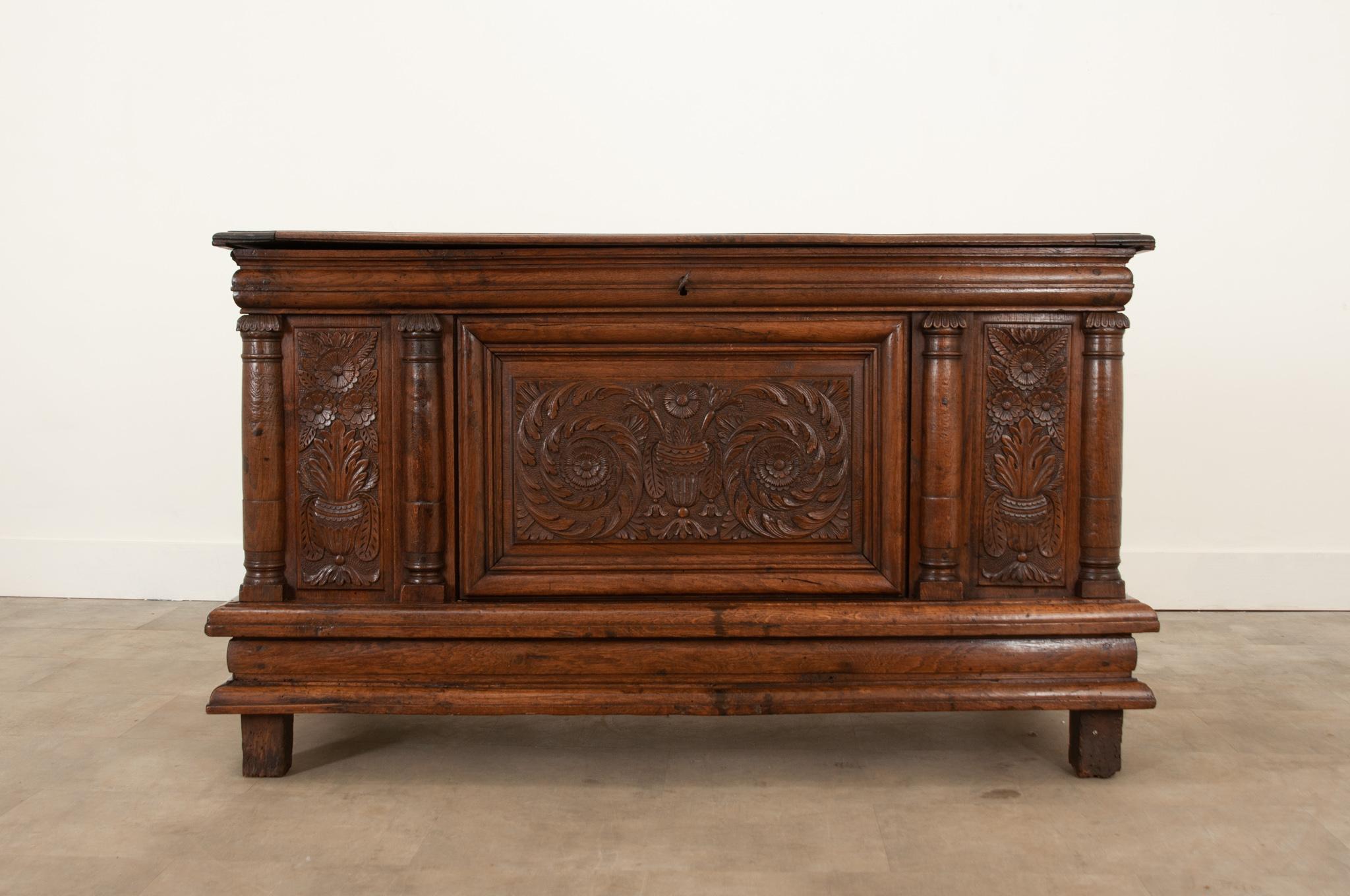 French Provincial French 18th Century Solid Carved Oak Coffer For Sale
